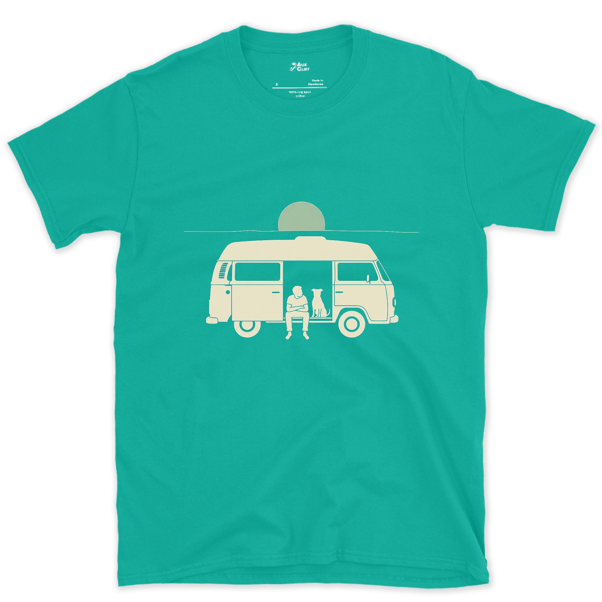 Person, Dog and a Full Moon Through the Camper Door design on a Jade Dome Gildan Softstyle t-shirt
