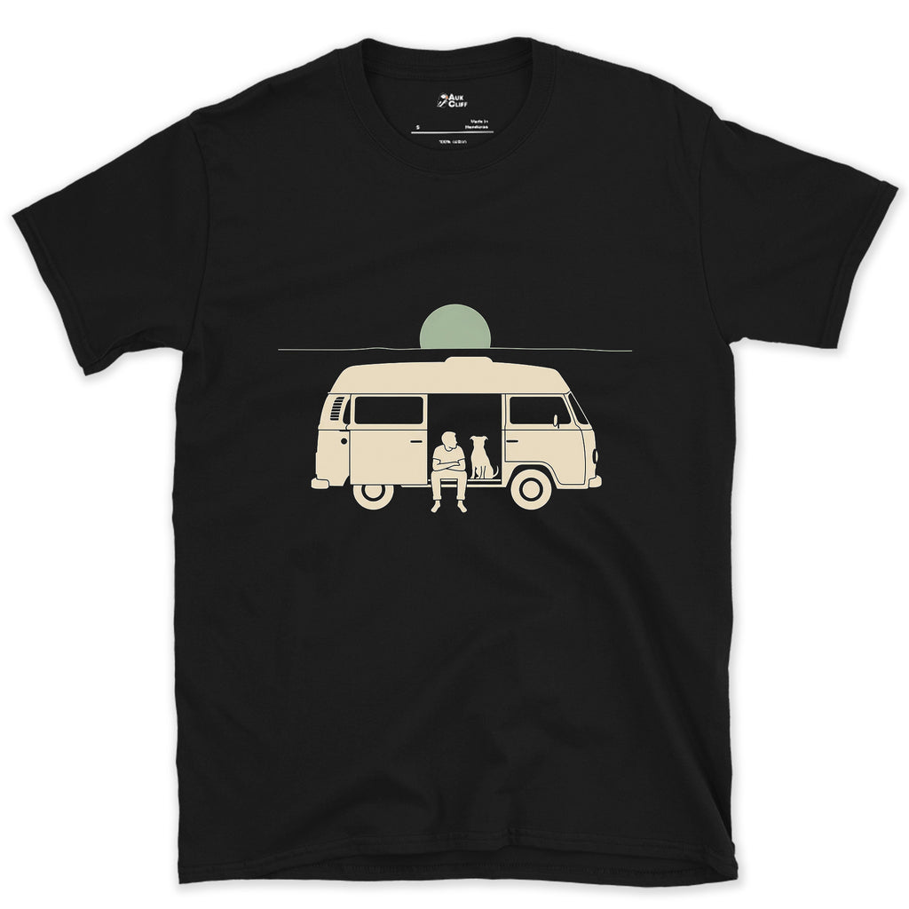 Person, Dog and a Full Moon Through the Camper Door design on a Black Gildan Softstyle t-shirt