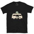 Person, Dog and a Full Moon Through the Camper Door design on a Black Gildan Softstyle t-shirt
