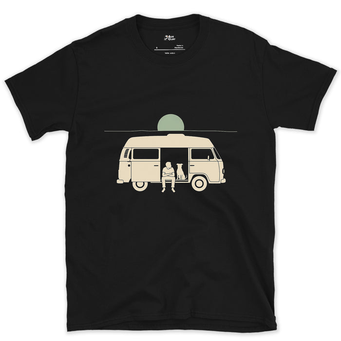 Person, Dog and a Full Moon Through the Camper Door design on a Black Gildan Softstyle t-shirt