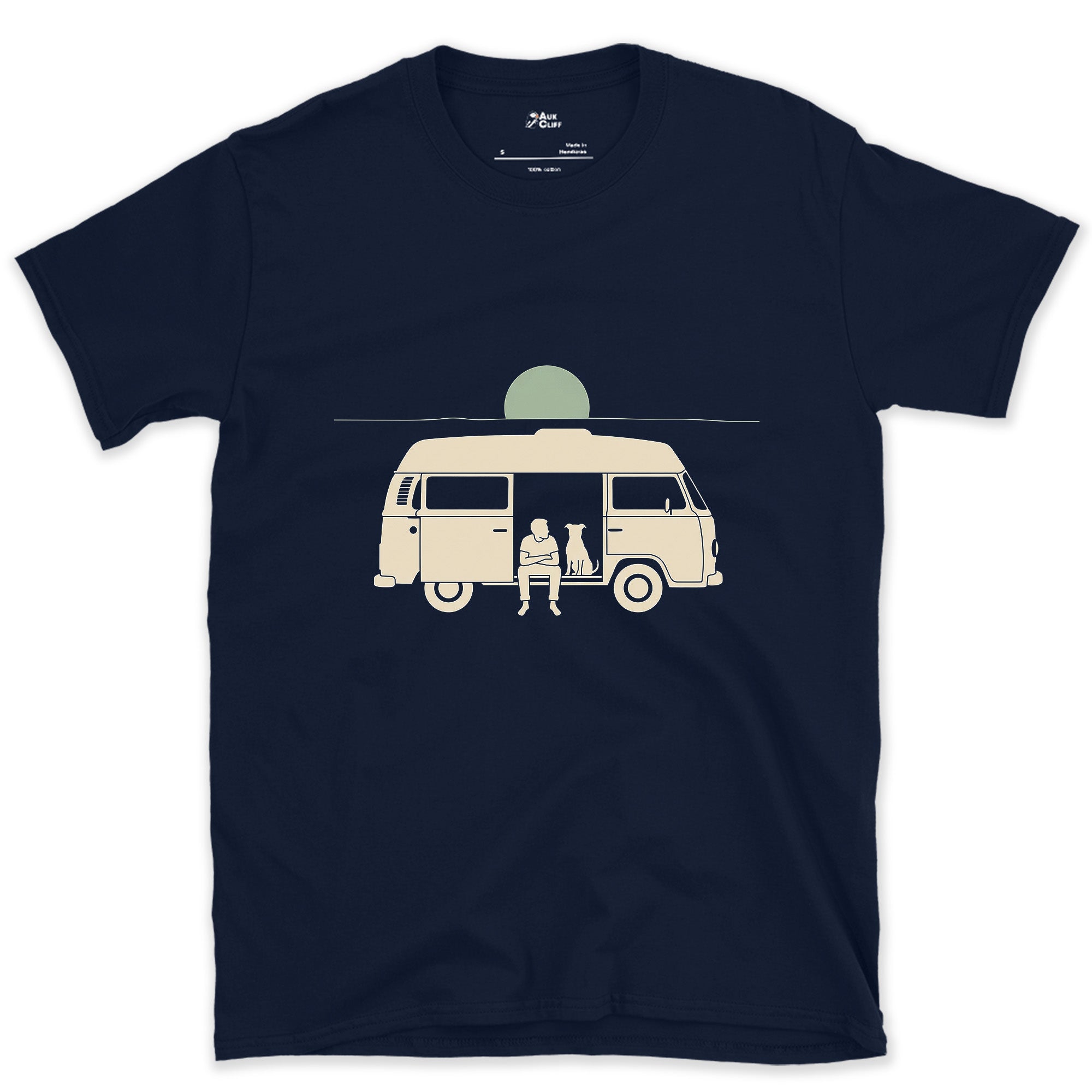 Person, Dog and a Full Moon Through the Camper Door design on a Navy Gildan Softstyle t-shirt