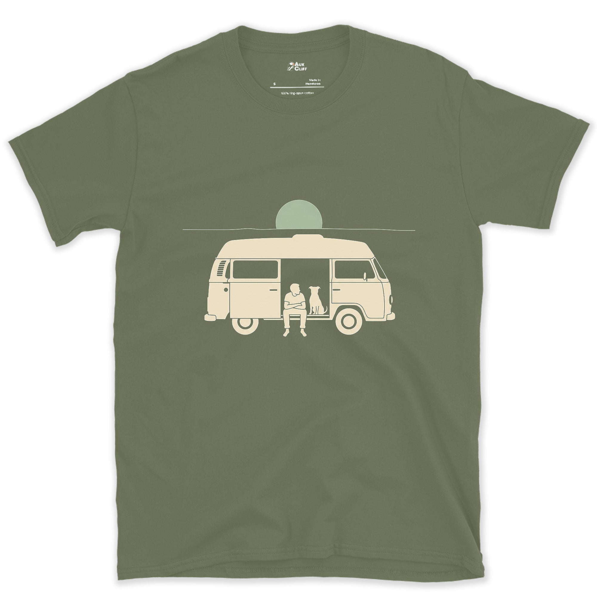 Person, Dog and a Full Moon Through the Camper Door design on a Military Green Gildan Softstyle t-shirt