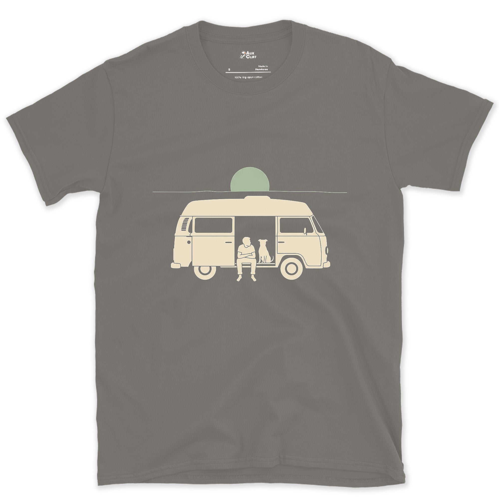 Person, Dog and a Full Moon Through the Camper Door design on a Charcoal Gildan Softstyle t-shirt