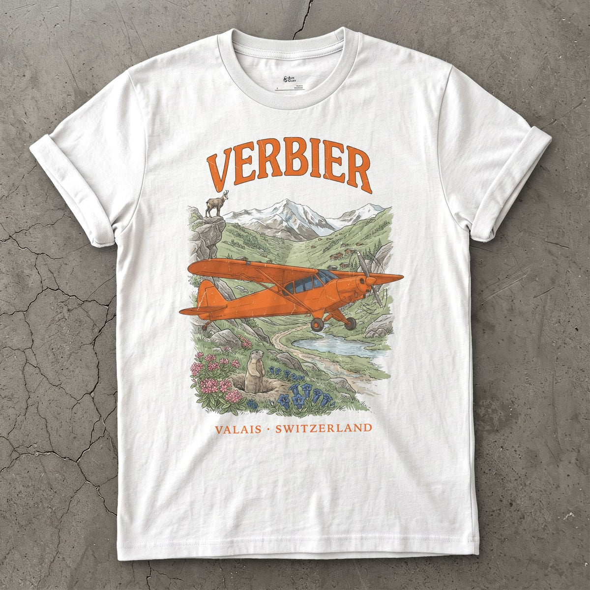 Verbier Bush Plane design on a White Gildan Softstyle t-shirt
