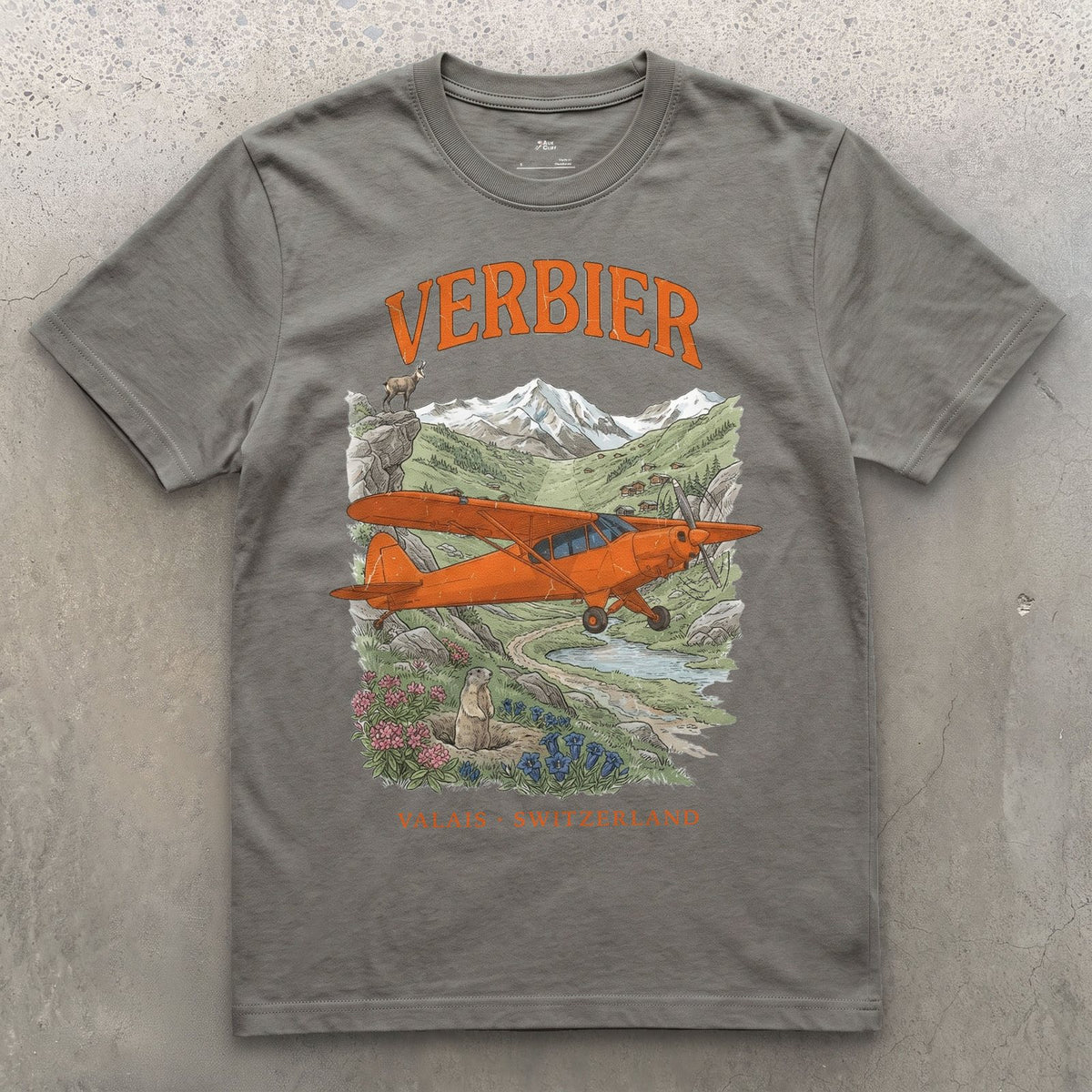 Verbier Bush Plane design on a Charcoal Gildan Softstyle t-shirt