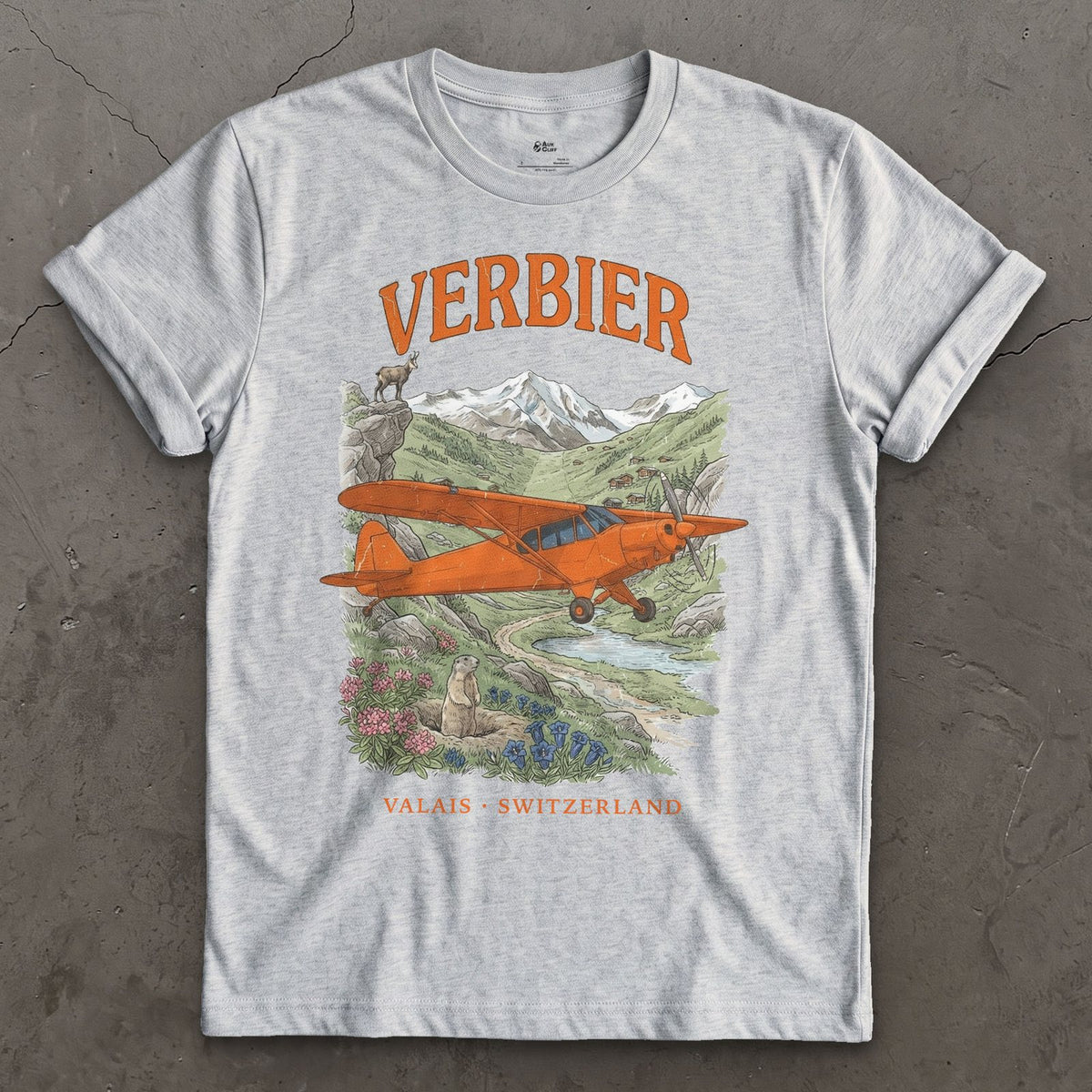 Verbier Bush Plane design on a Sport Grey Gildan Softstyle t-shirt