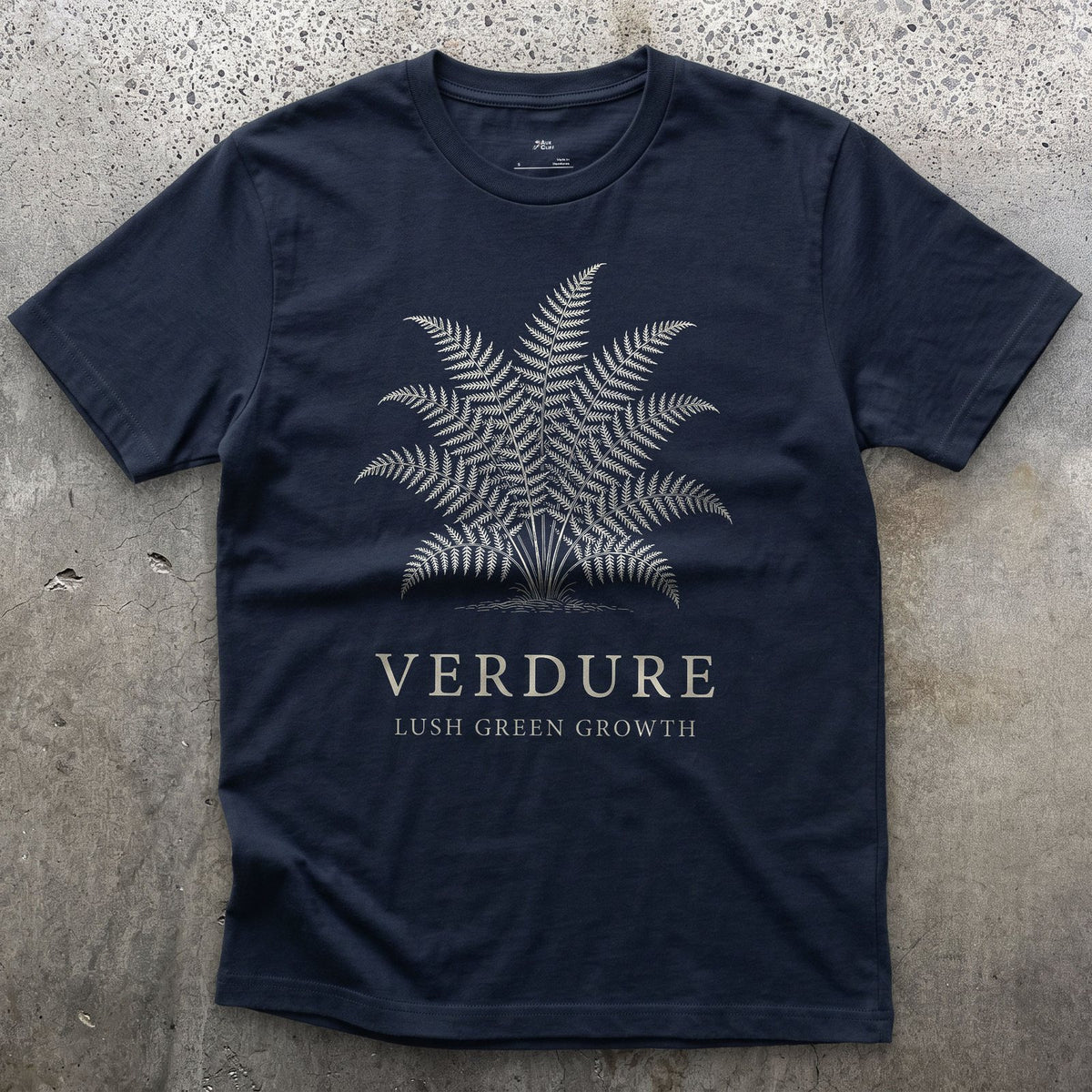 Verdure design on a Navy Gildan Softstyle t-shirt