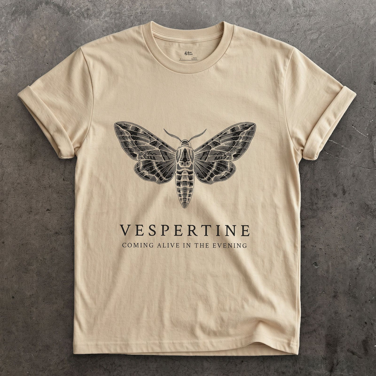 Vespertine design on a Sand Gildan Softstyle t-shirt