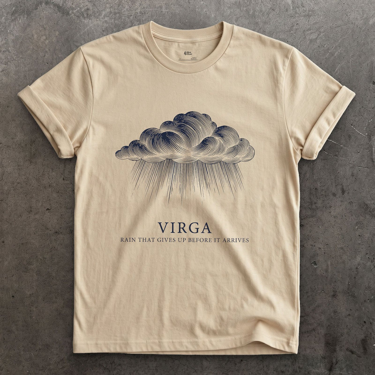 Virga, Rain That Gives Up Before it Arrives design on a Sand Gildan Softstyle t-shirt