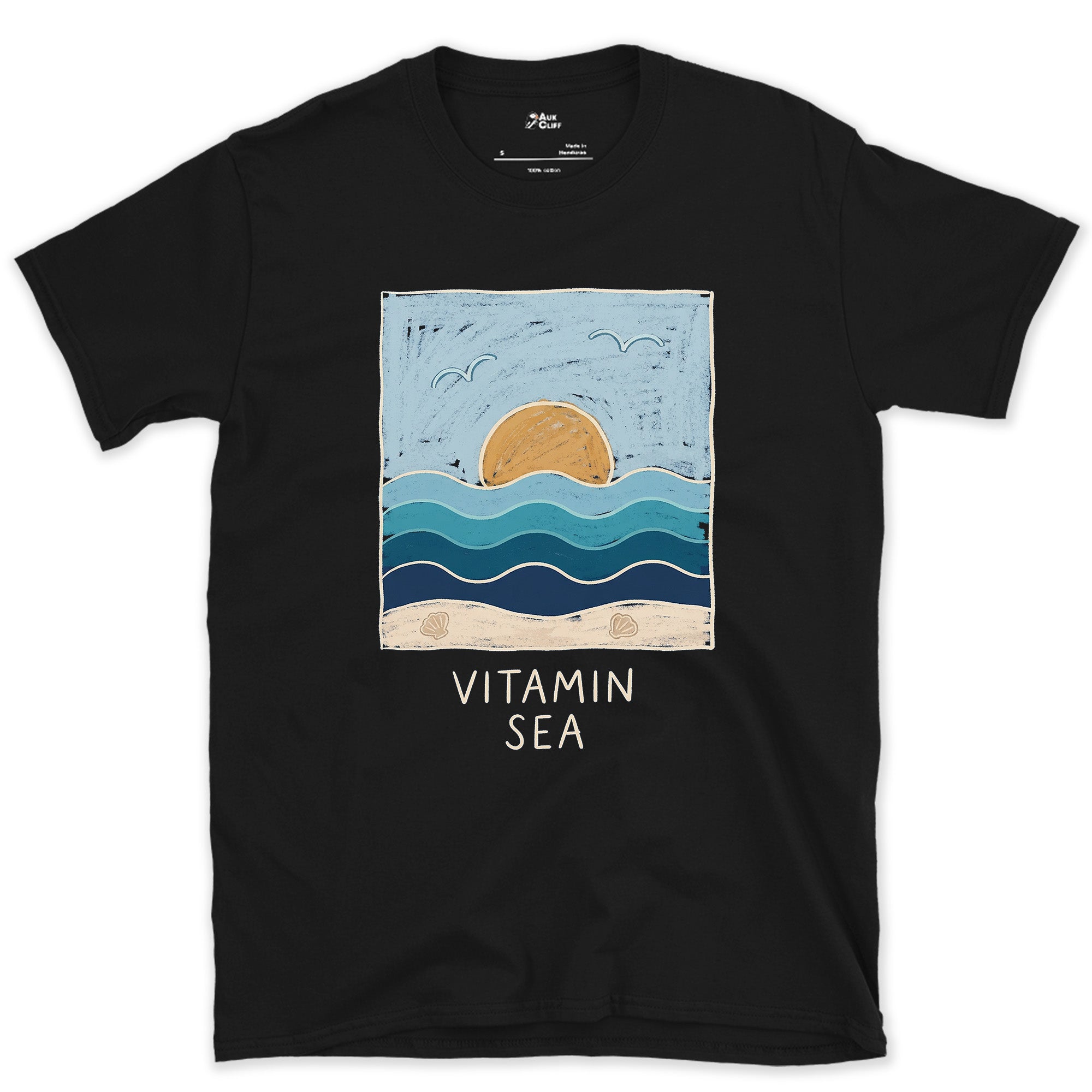 Vitamin Sea, Layered Waves and Shells design on a Black Gildan Softstyle t-shirt
