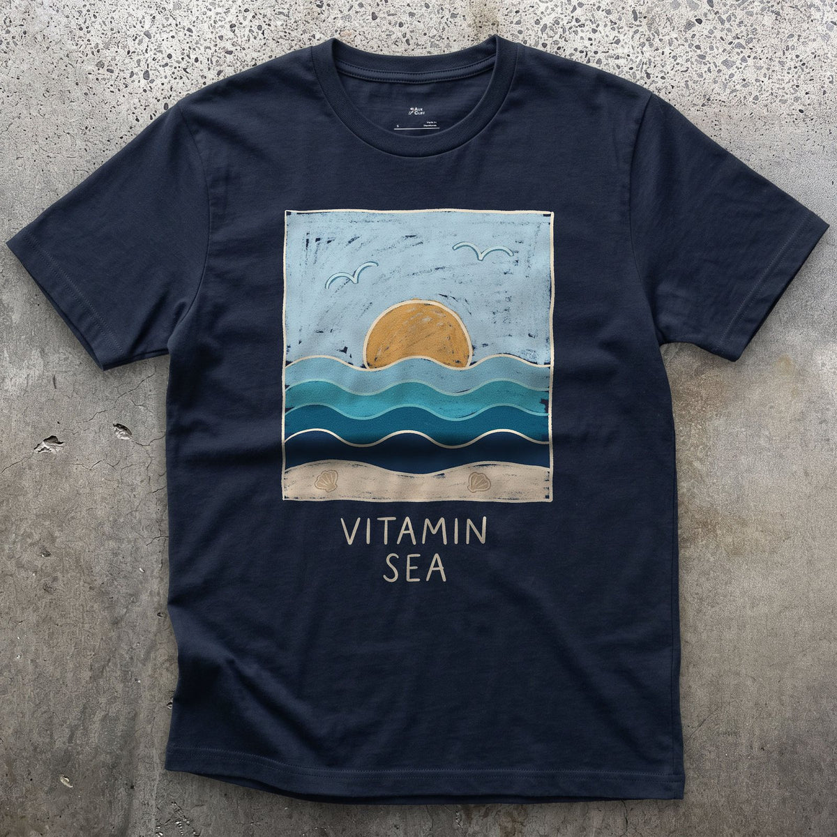 Vitamin Sea, Layered Waves and Shells design on a Navy Gildan Softstyle t-shirt