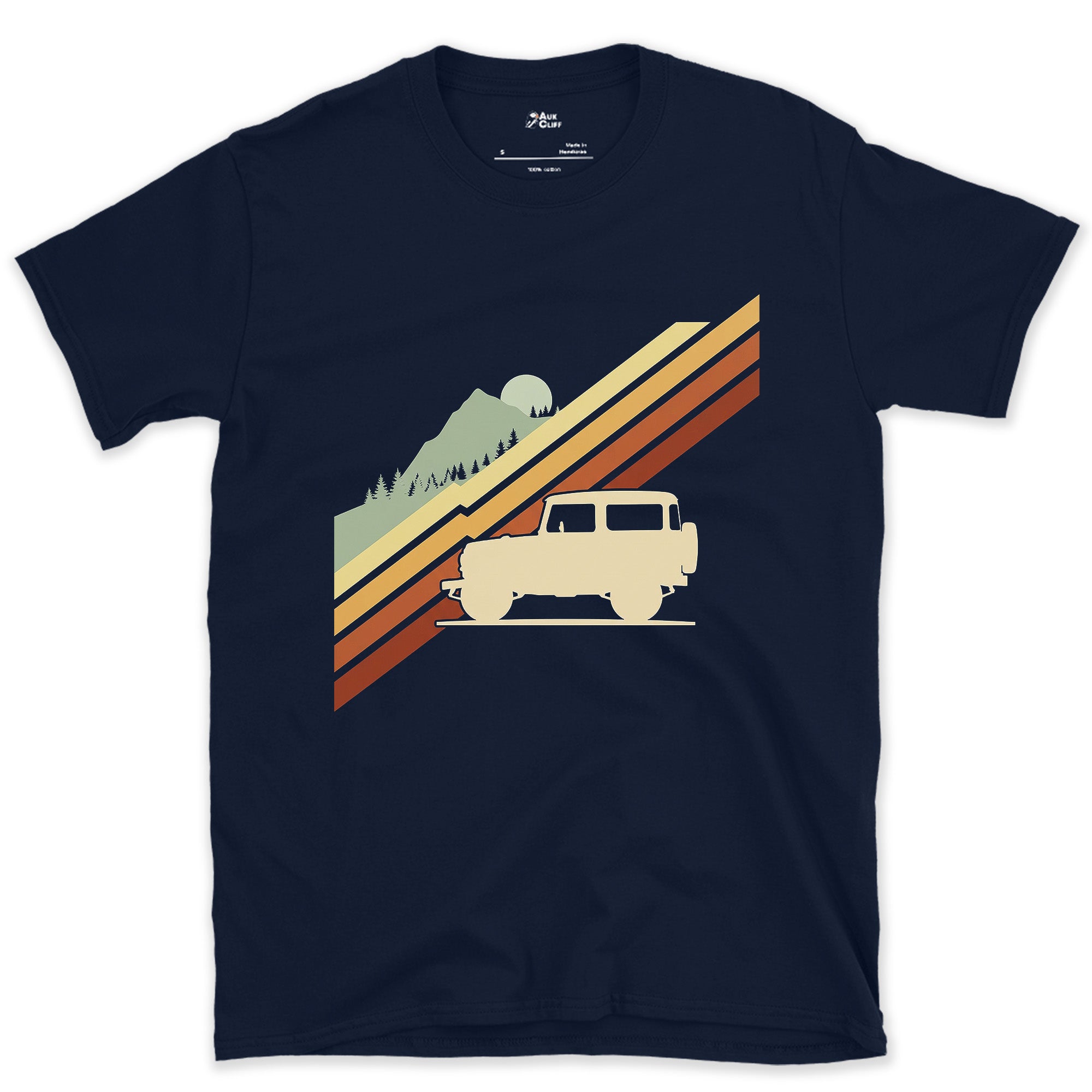 Cream Wagon, One Mountain, Day's End design on a Navy Gildan Softstyle t-shirt