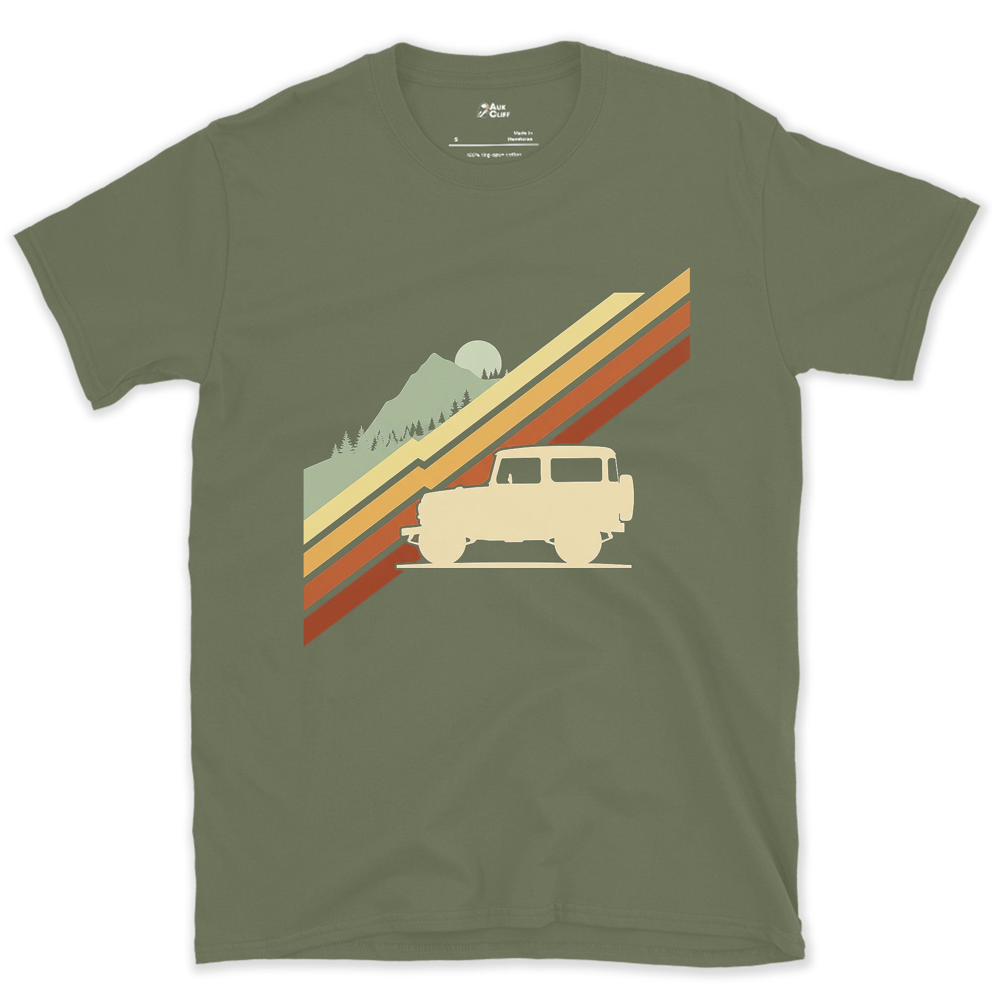 Cream Wagon, One Mountain, Day's End design on a Military Green Gildan Softstyle t-shirt