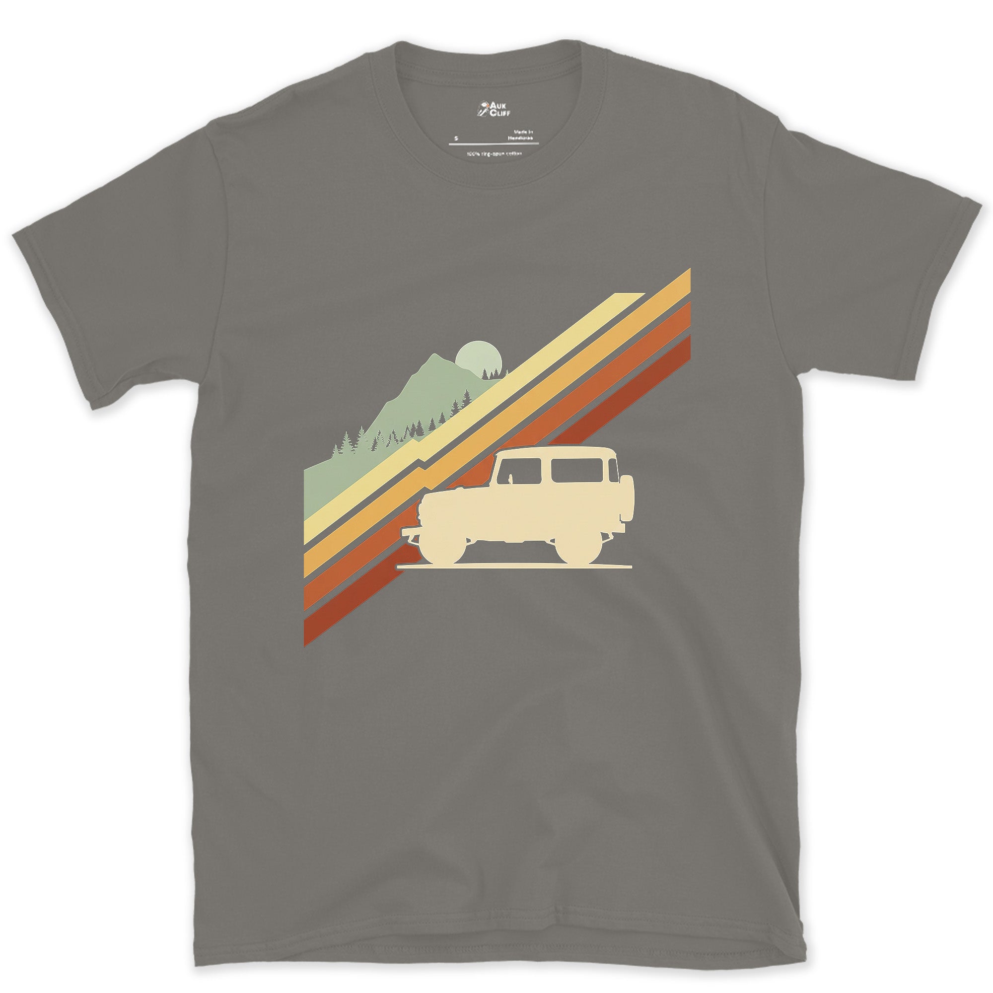 Cream Wagon, One Mountain, Day's End design on a Charcoal Gildan Softstyle t-shirt
