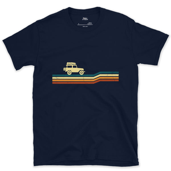 Small Wagon on a Long Horizon design on a Navy Gildan Softstyle t-shirt