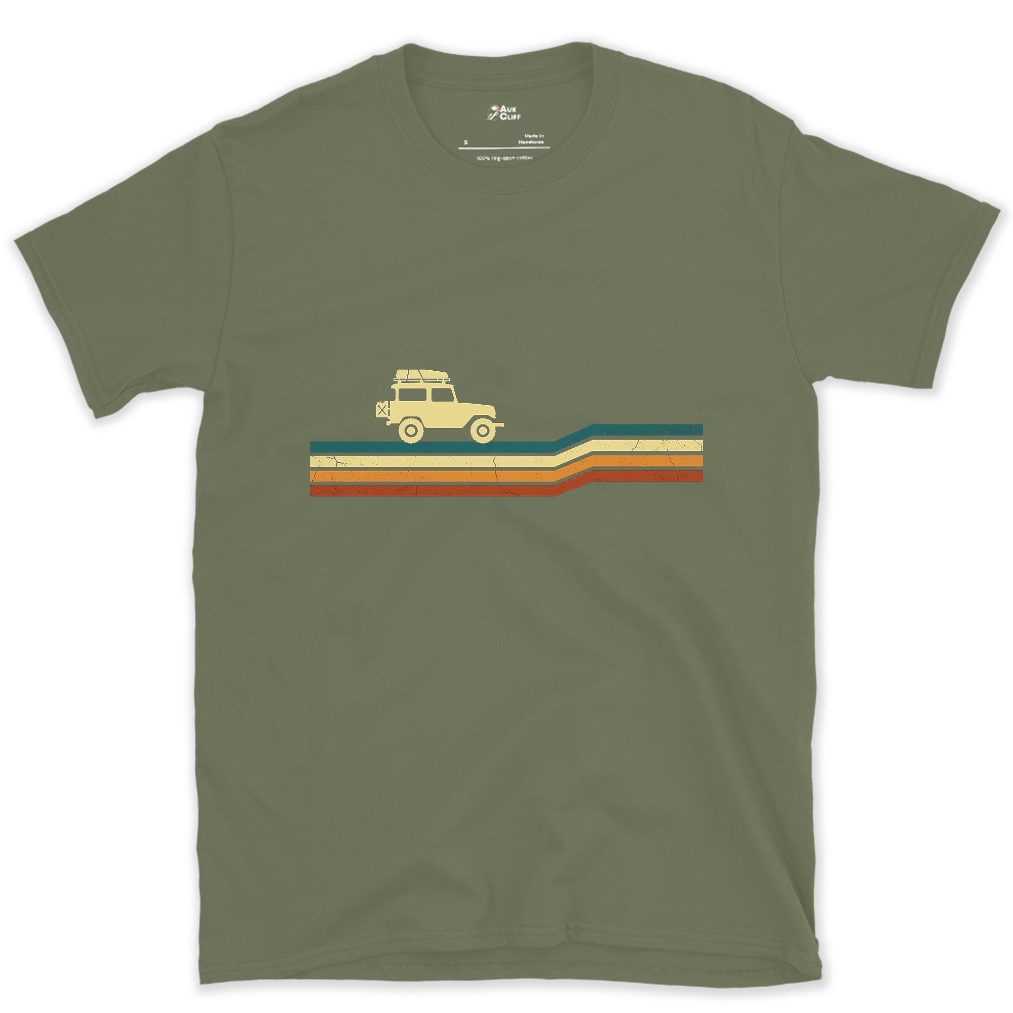 Small Wagon on a Long Horizon design on a Military Green Gildan Softstyle t-shirt