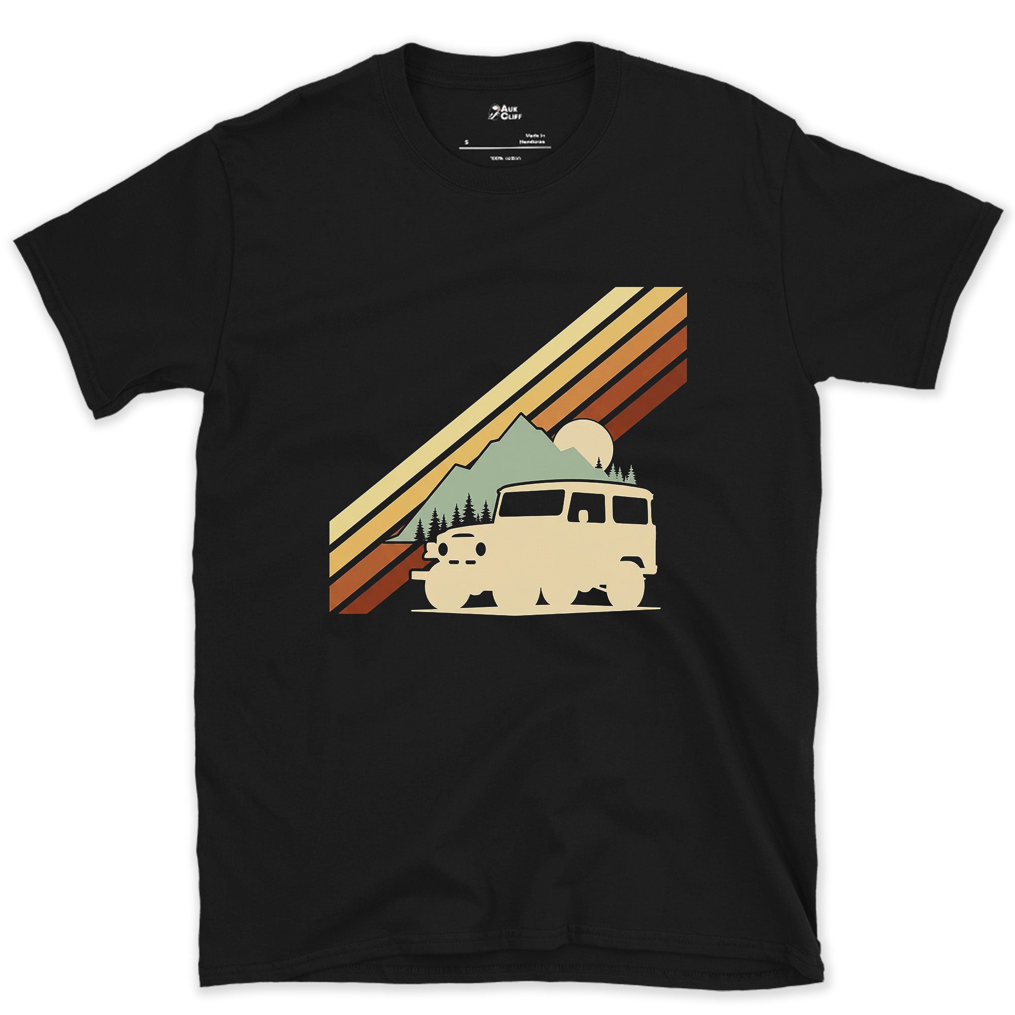 Low Sun Behind the Wagon and the Pines design on a Black Gildan Softstyle t-shirt