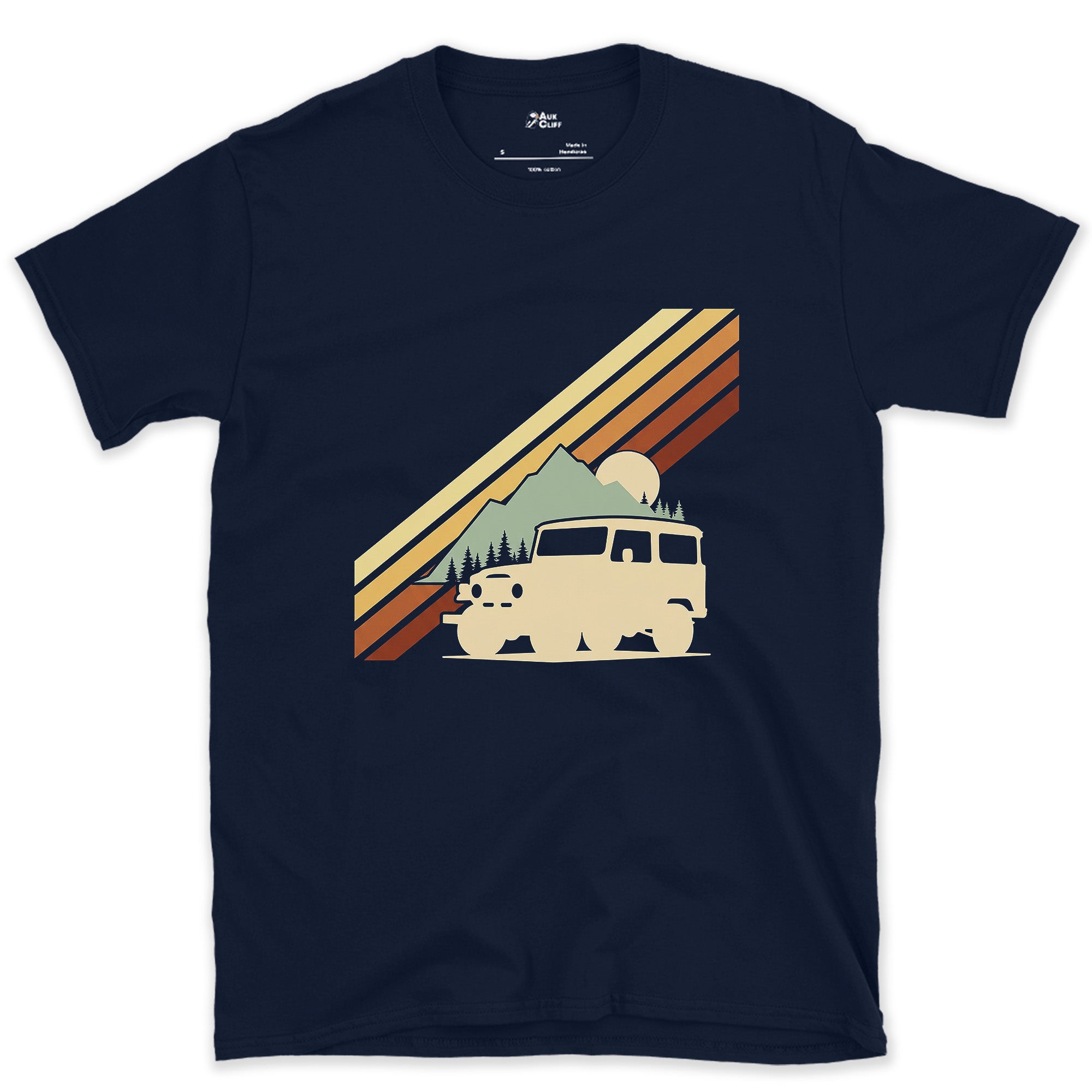Low Sun Behind the Wagon and the Pines design on a Navy Gildan Softstyle t-shirt