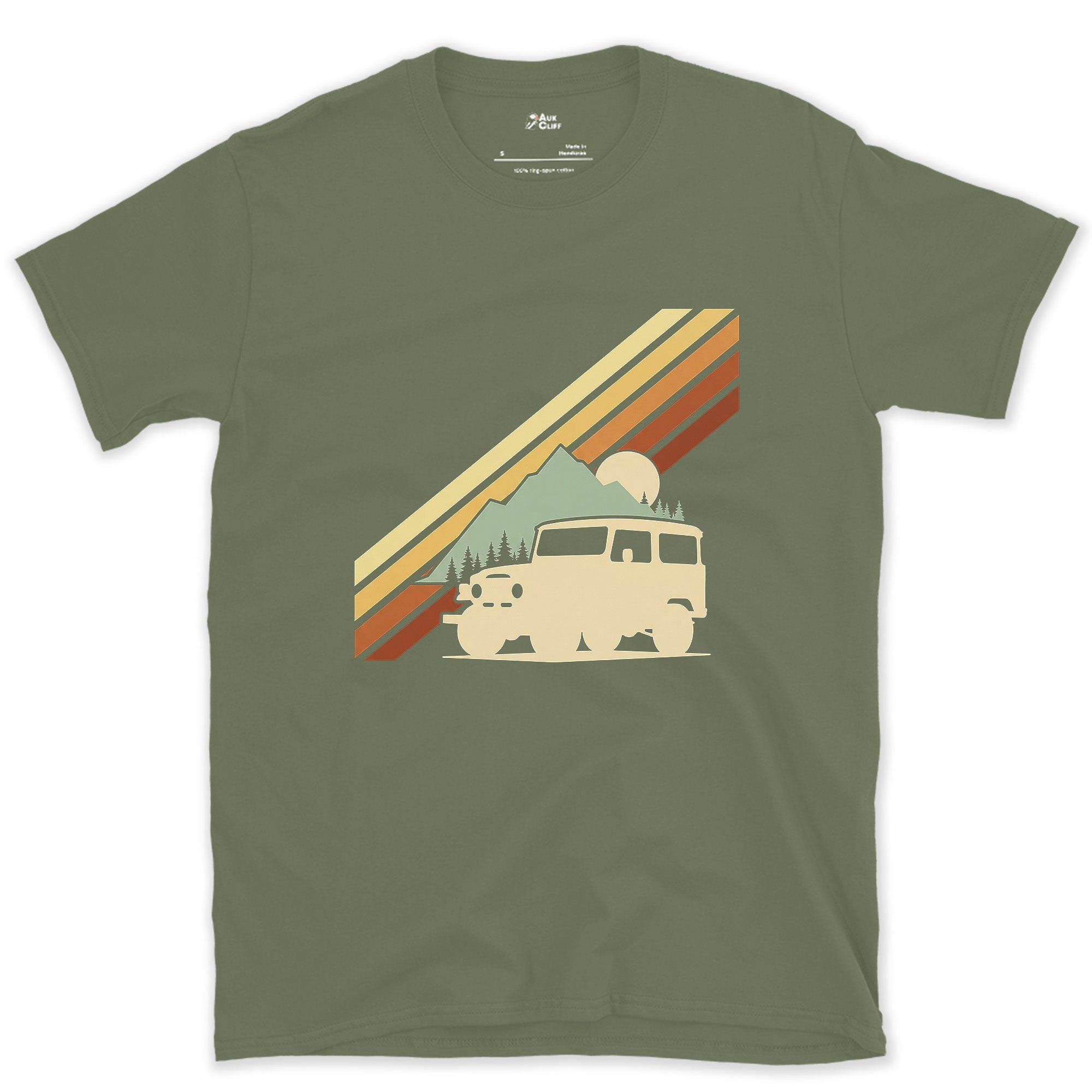 Low Sun Behind the Wagon and the Pines design on a Military Green Gildan Softstyle t-shirt