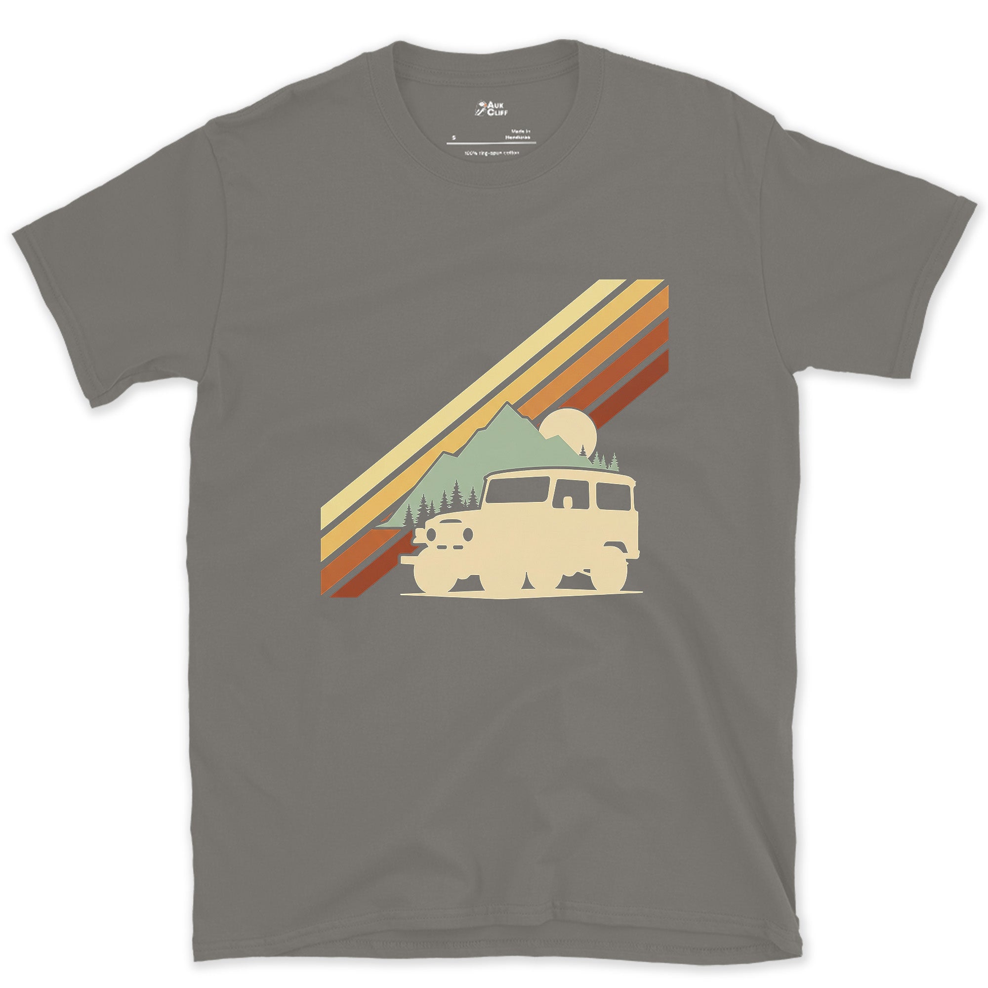 Low Sun Behind the Wagon and the Pines design on a Charcoal Gildan Softstyle t-shirt