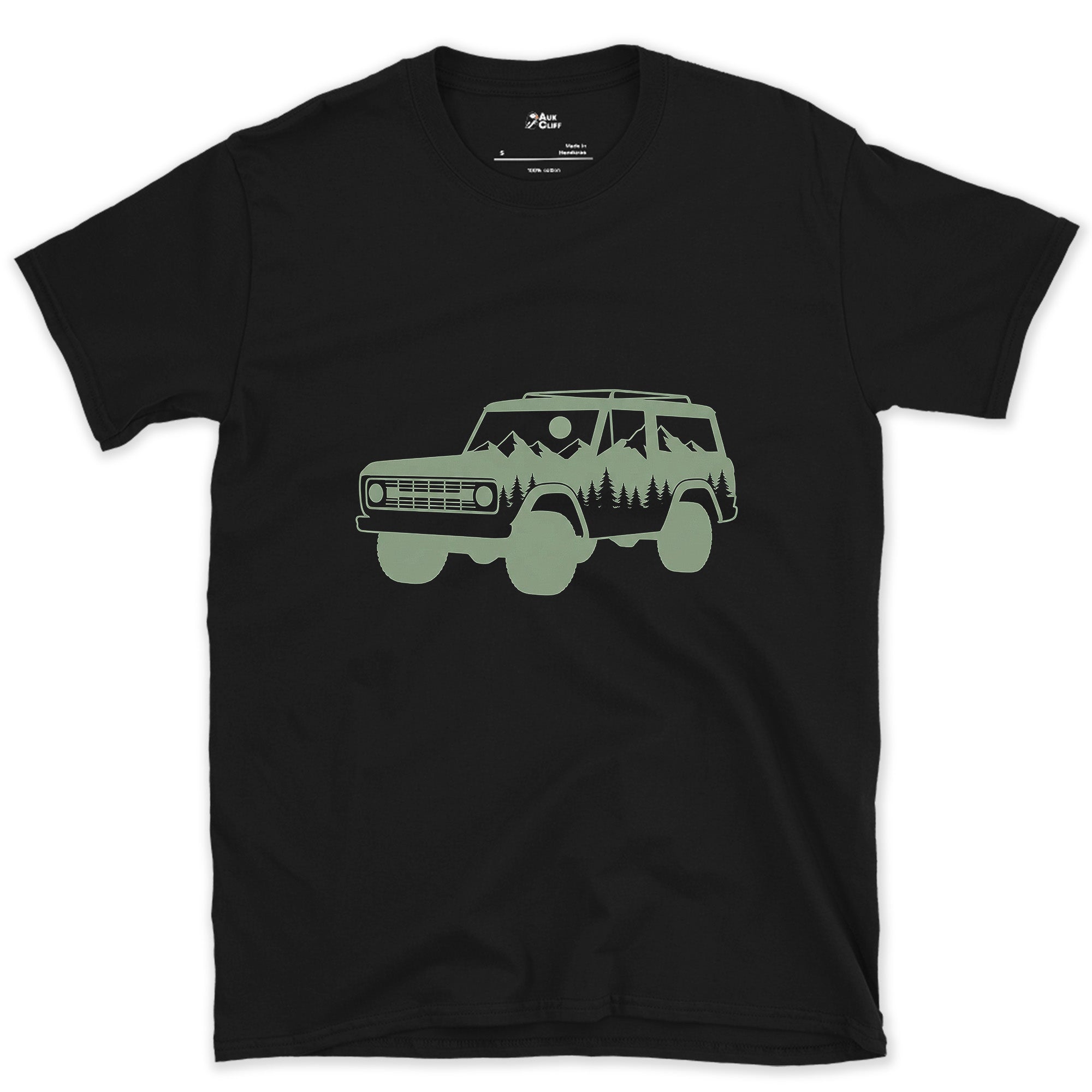 Mountain and Pines Living Inside the Wagon design on a Black Gildan Softstyle t-shirt