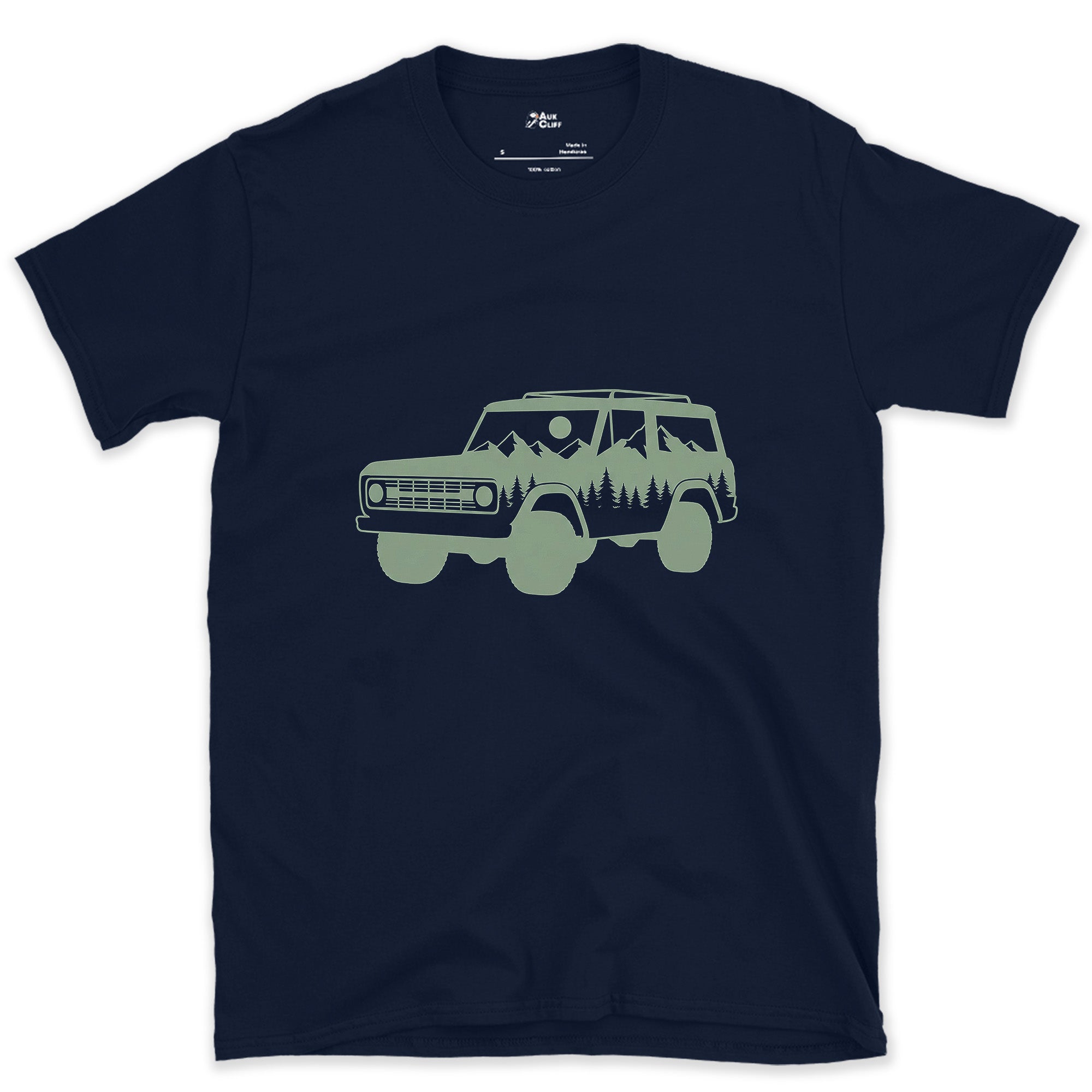 Mountain and Pines Living Inside the Wagon design on a Navy Gildan Softstyle t-shirt