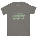 Mountain and Pines Living Inside the Wagon design on a Charcoal Gildan Softstyle t-shirt