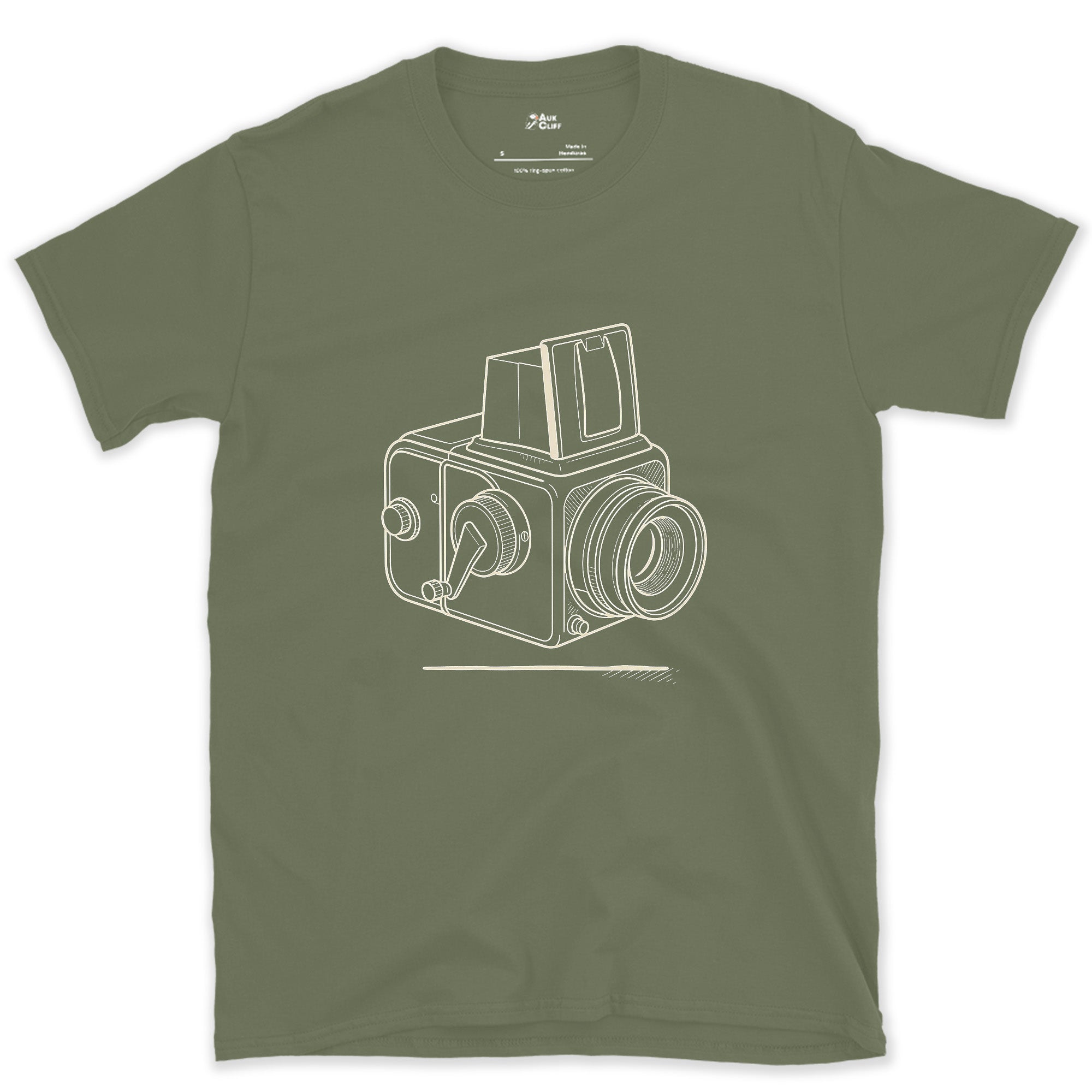 Held at the Chest, Not the Eye, Waist Level Camera design on a Military Green Gildan Softstyle t-shirt