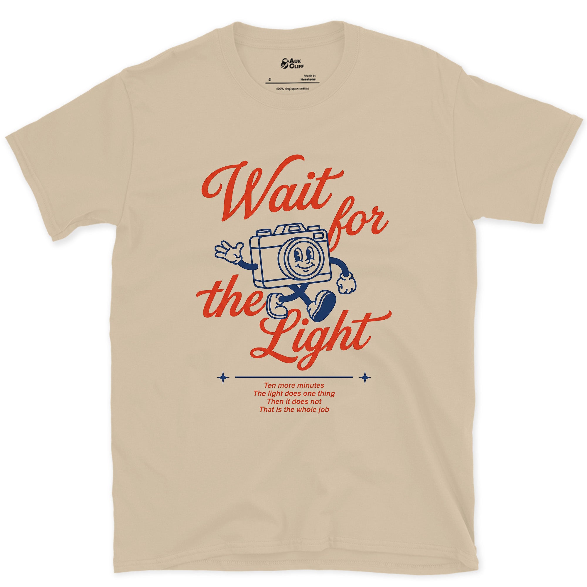 Wait for the Light, Camera design on a Sand Gildan Softstyle t-shirt