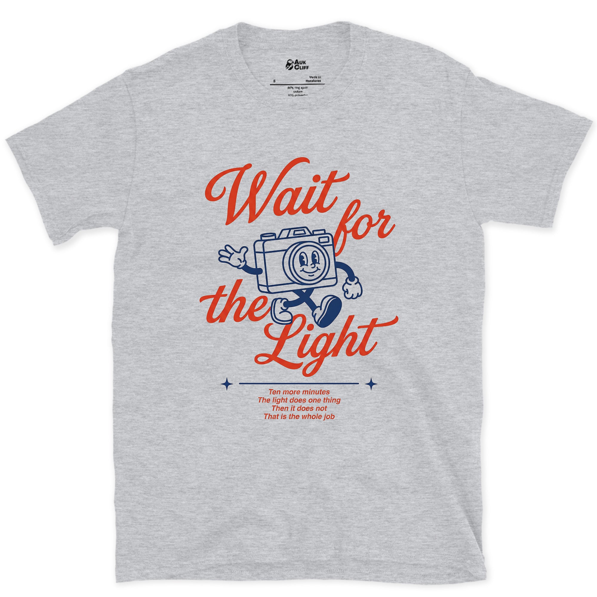 Wait for the Light, Camera design on a Sport Grey Gildan Softstyle t-shirt