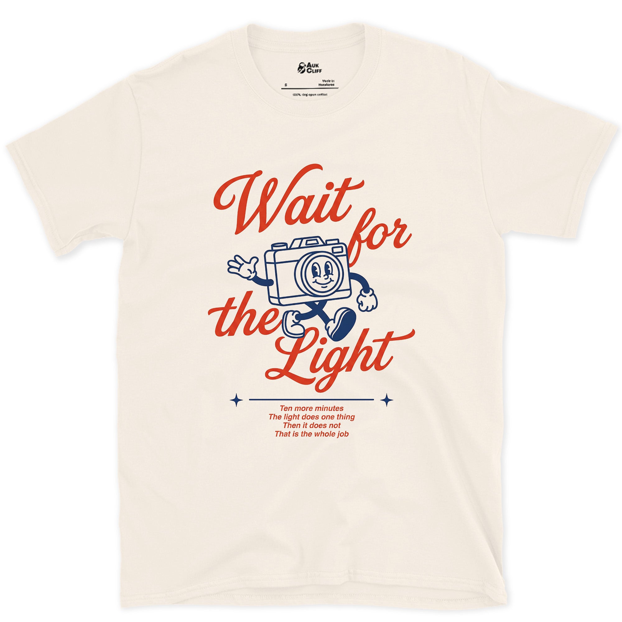 Wait for the Light, Camera design on a Natural Gildan Softstyle t-shirt