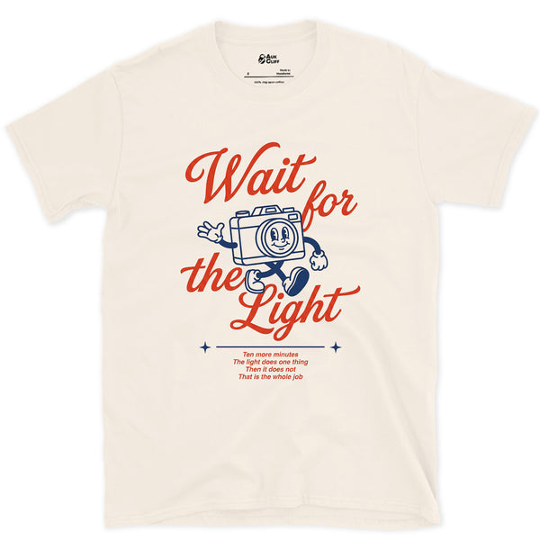 Wait for the Light, Camera design on a Natural Gildan Softstyle t-shirt