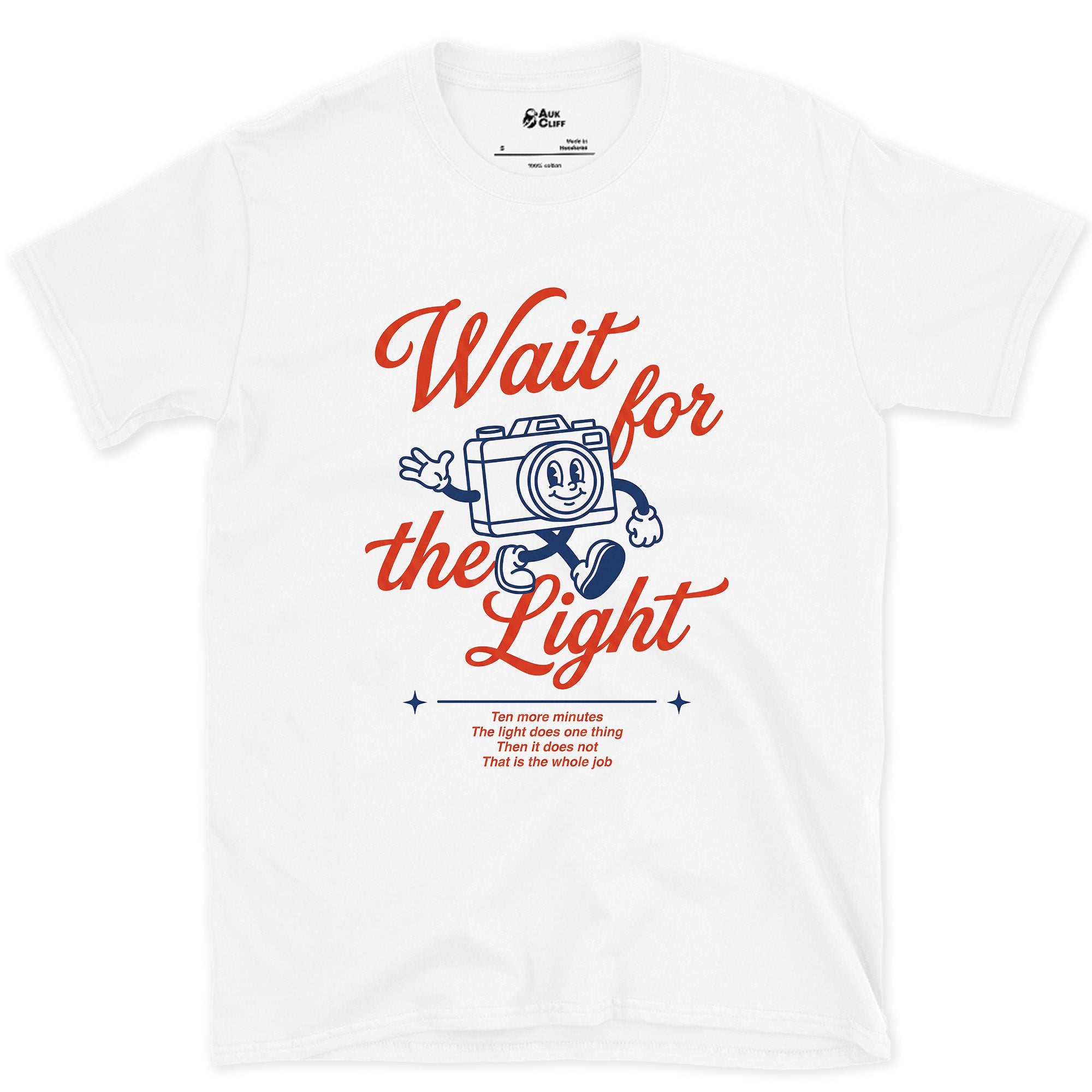 Wait for the Light, Camera design on a White Gildan Softstyle t-shirt