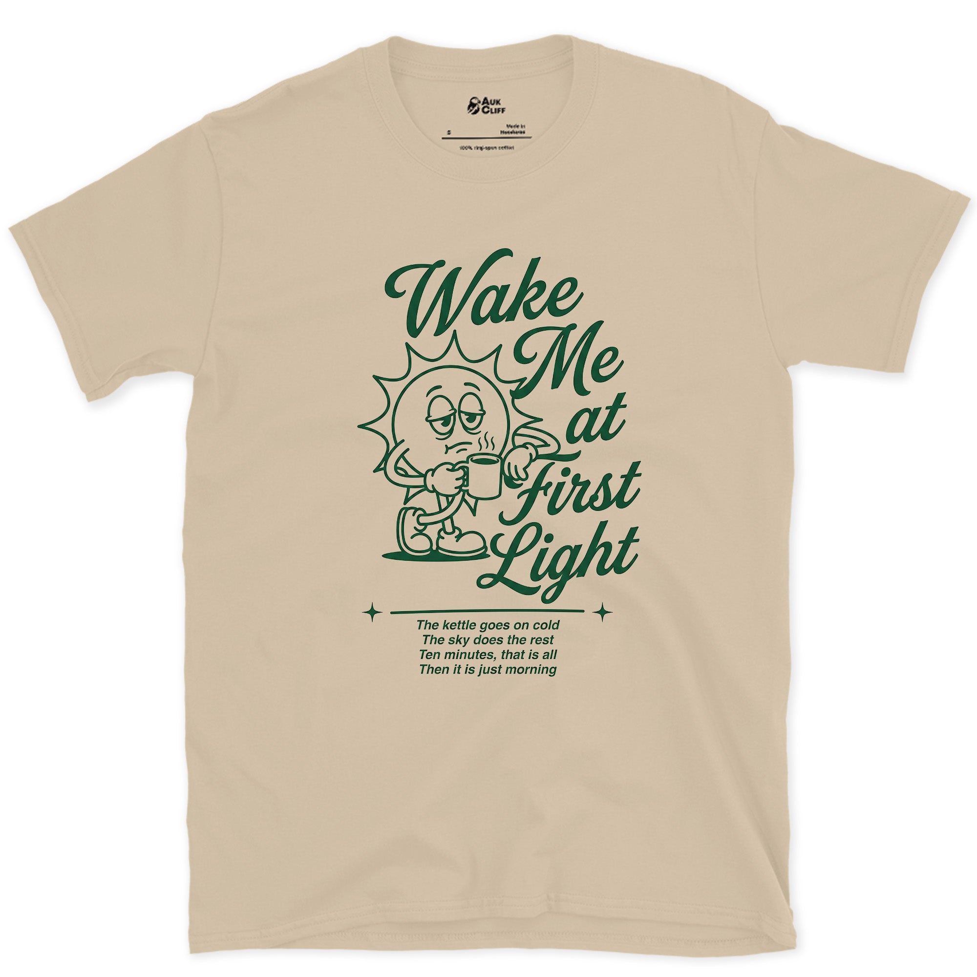 Wake Me at First Light, Camp Coffee design on a Sand Gildan Softstyle t-shirt