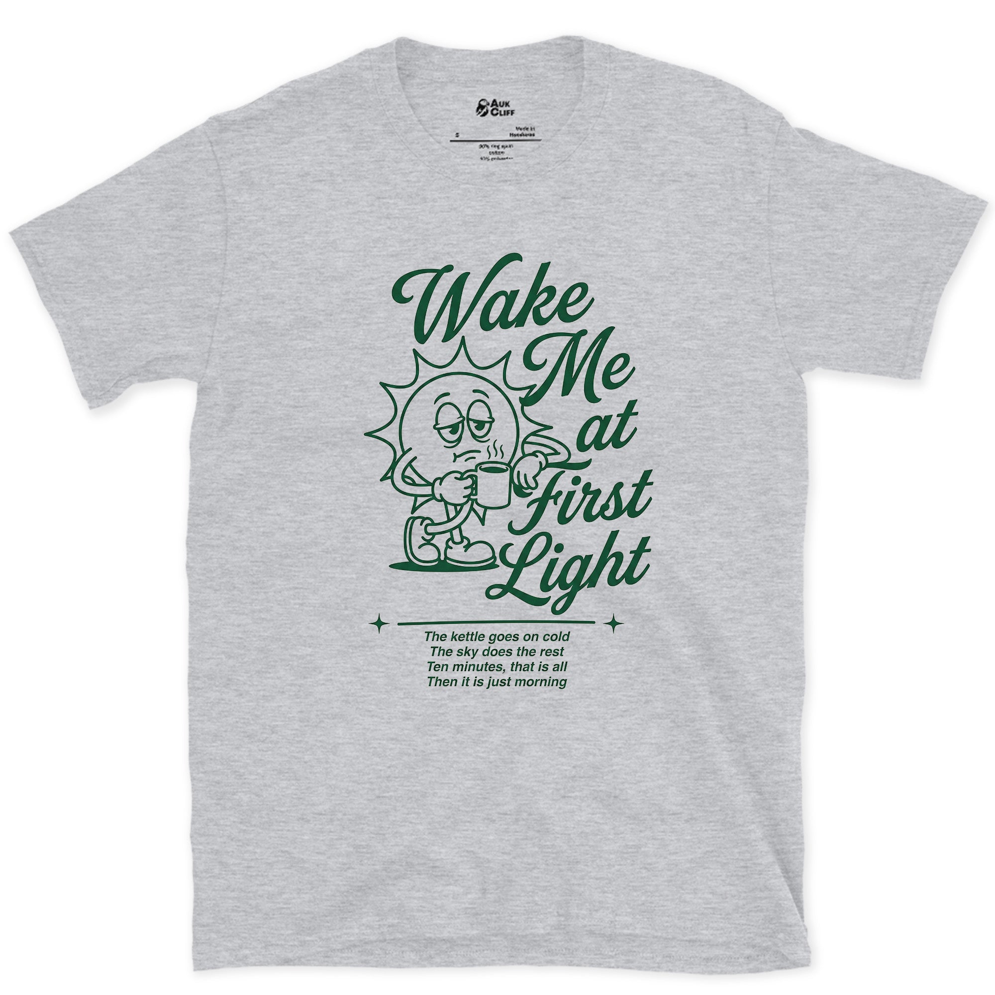 Wake Me at First Light, Camp Coffee design on a Sport Grey Gildan Softstyle t-shirt