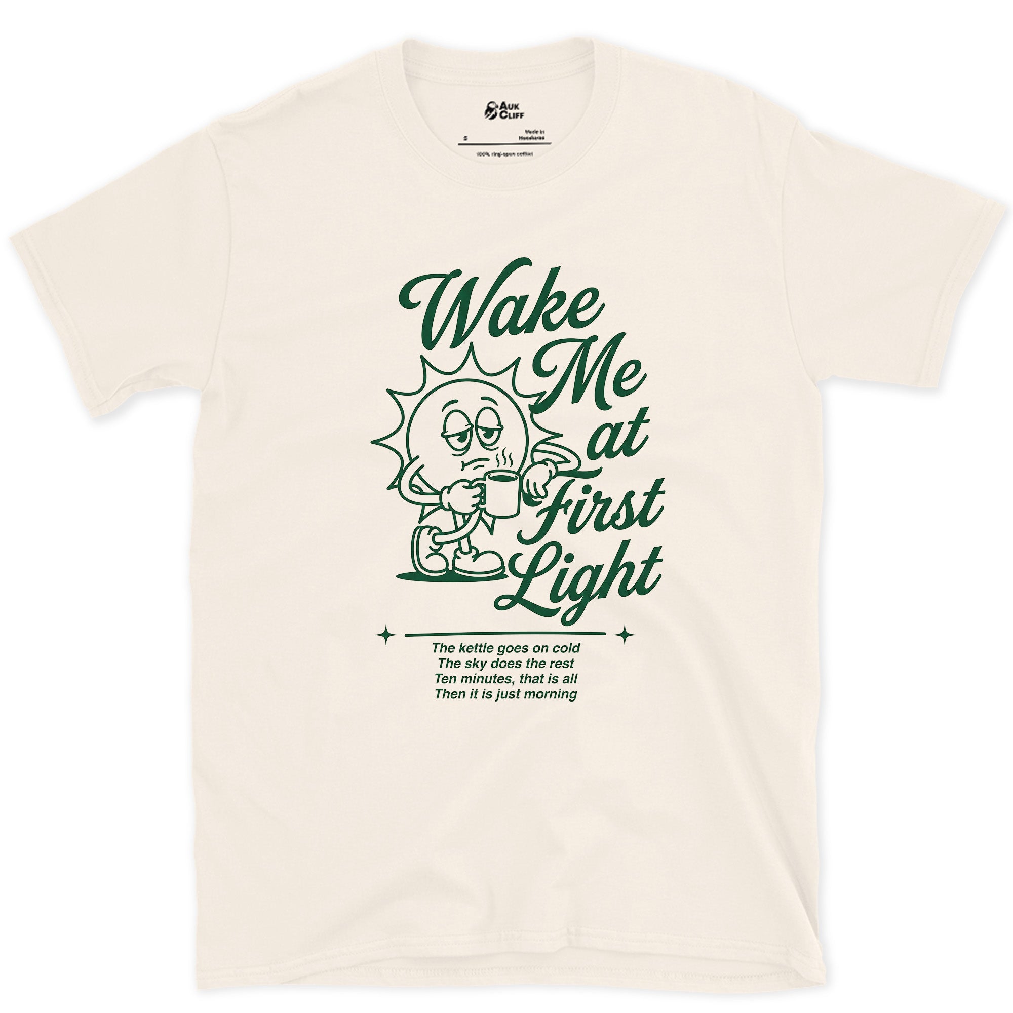 Wake Me at First Light, Camp Coffee design on a Natural Gildan Softstyle t-shirt