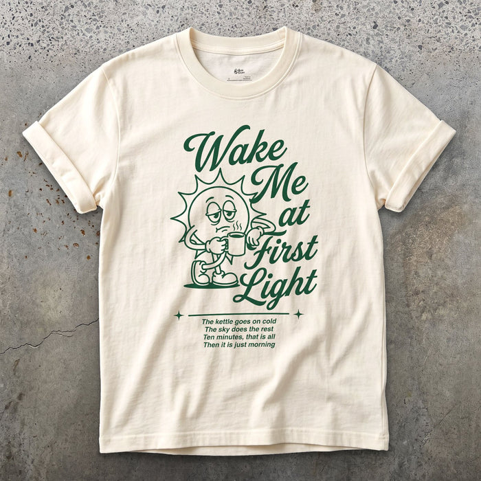 Wake Me at First Light, Camp Coffee design on a Natural Gildan Softstyle t-shirt