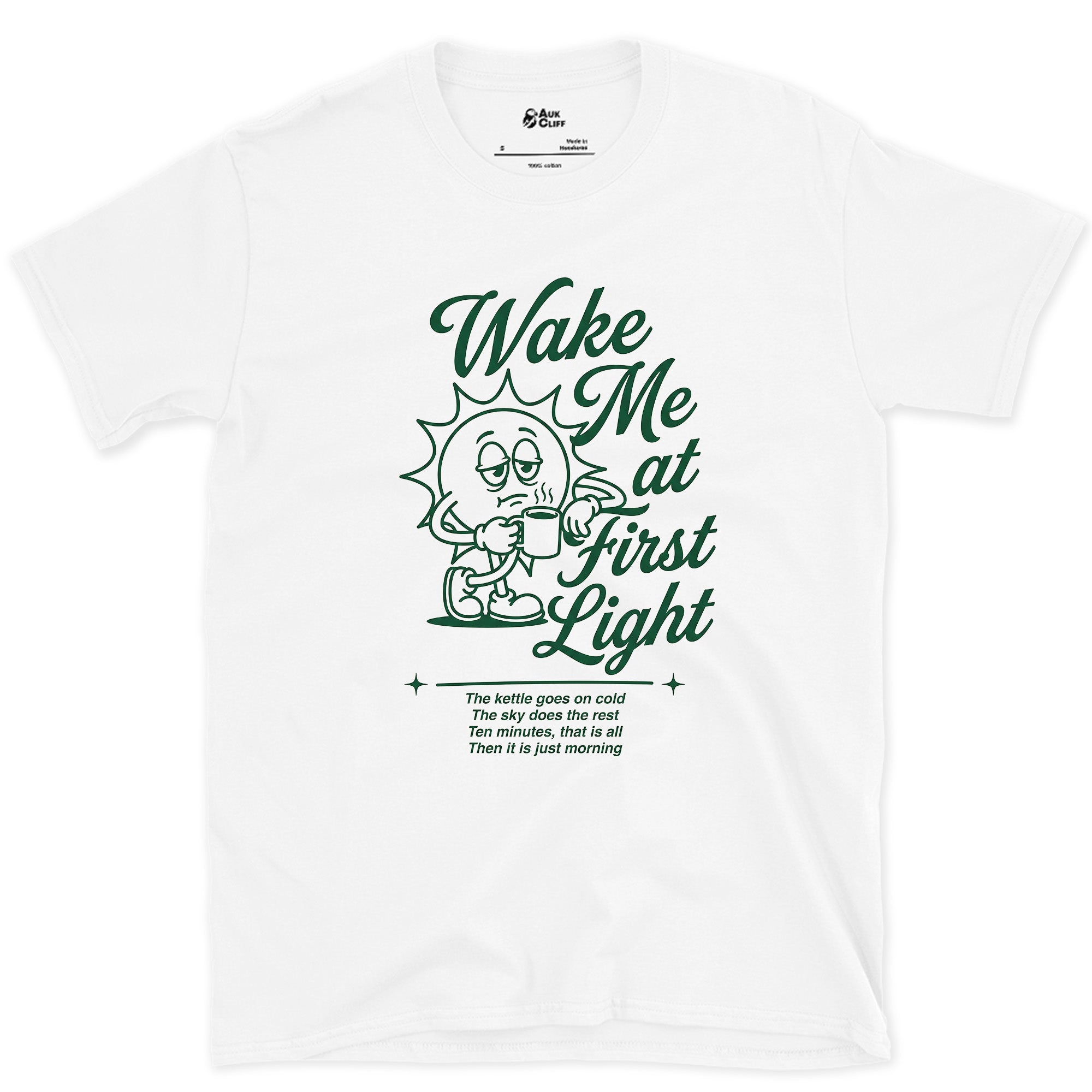 Wake Me at First Light, Camp Coffee design on a White Gildan Softstyle t-shirt