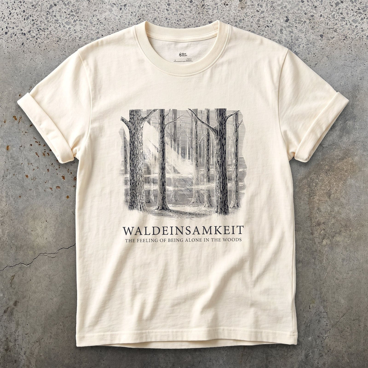 Waldeinsamkeit, the Feeling of Being Alone in the Woods design on a Natural Gildan Softstyle t-shirt