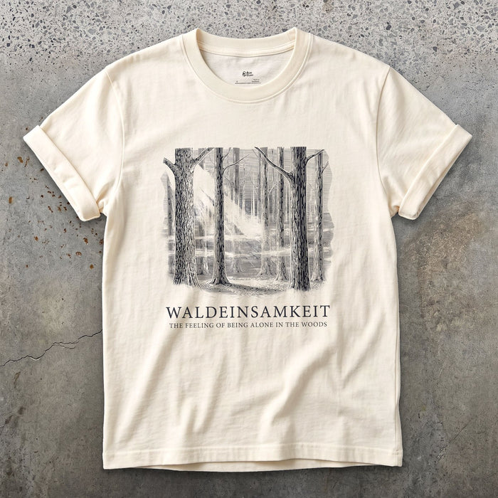 Waldeinsamkeit, the Feeling of Being Alone in the Woods design on a Natural Gildan Softstyle t-shirt