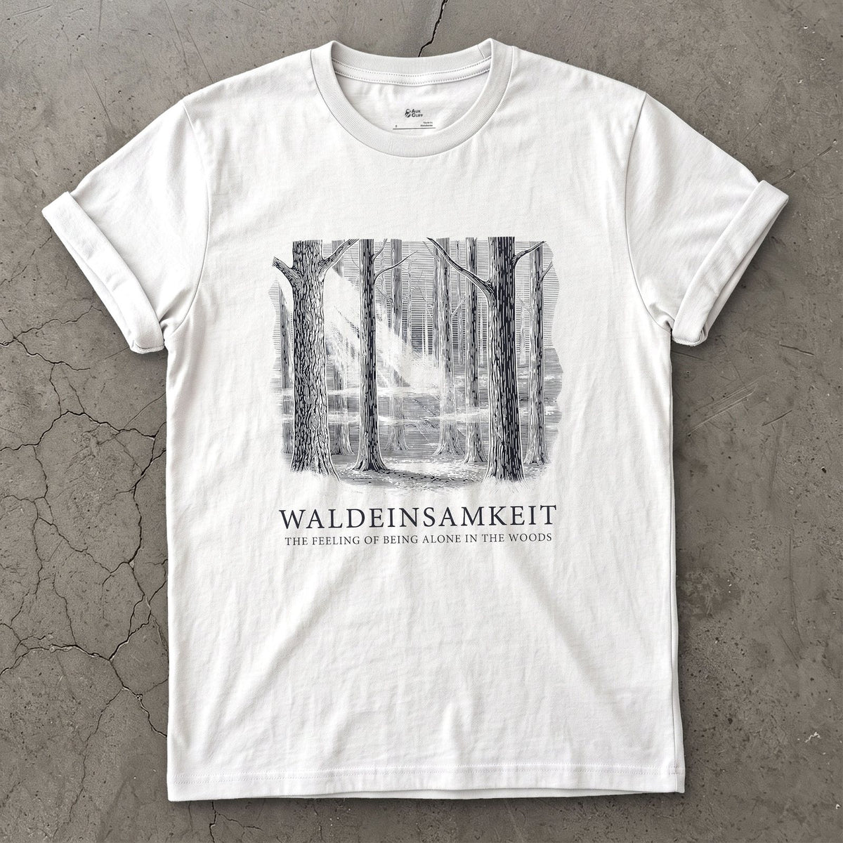 Waldeinsamkeit, the Feeling of Being Alone in the Woods design on a White Gildan Softstyle t-shirt
