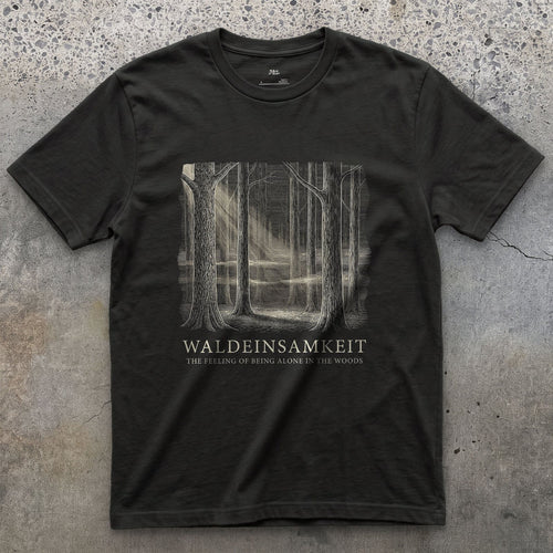 Waldeinsamkeit, the Feeling of Being Alone in the Woods design on a Black Gildan Softstyle t-shirt
