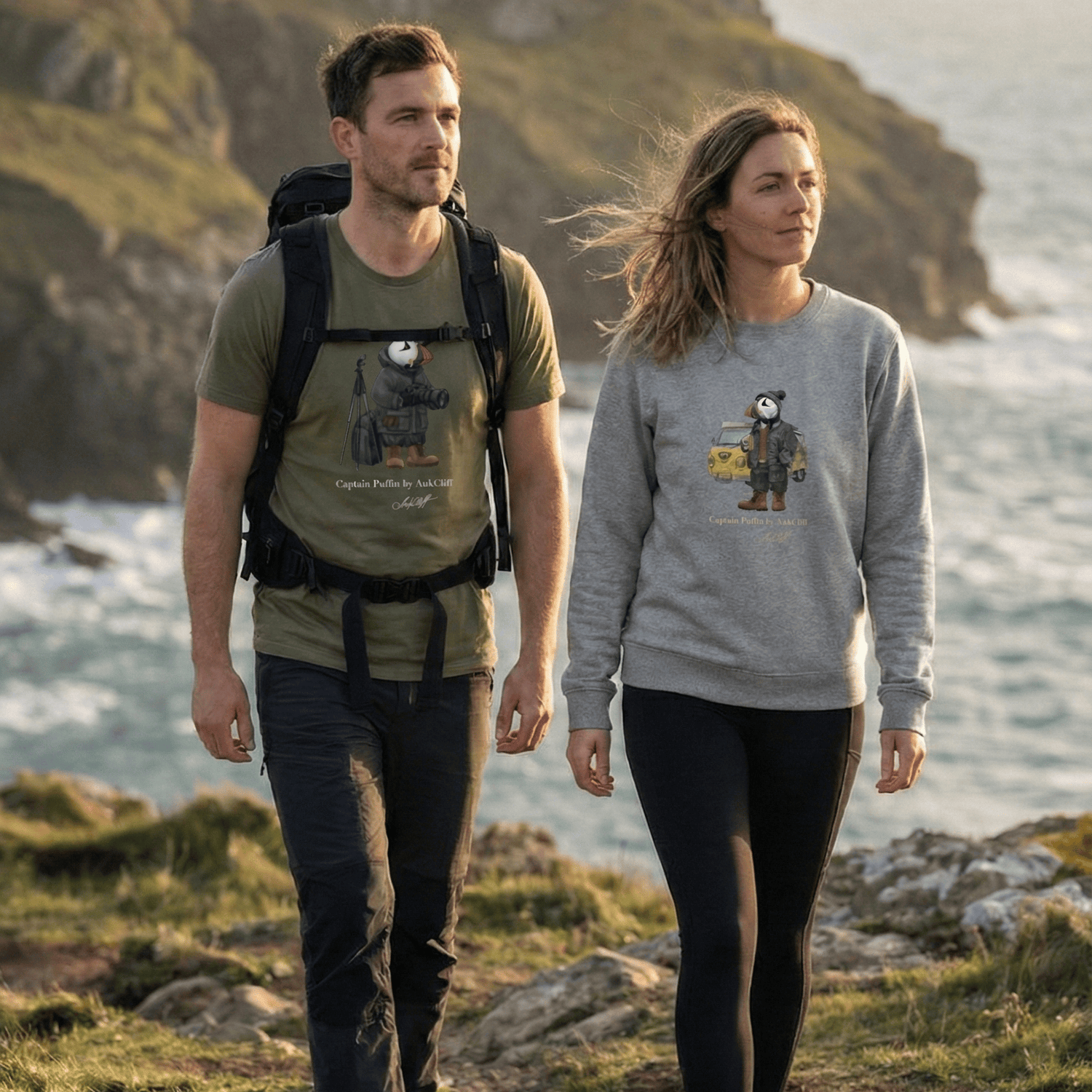 Two customers wearing a Captain Puffin T-shirt and Sweatshirt