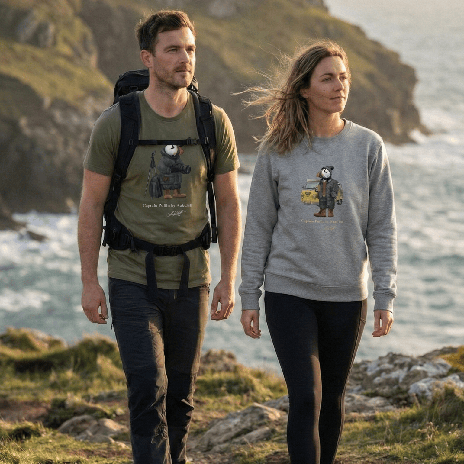Two customers wearing a Captain Puffin T-shirt and Sweatshirt