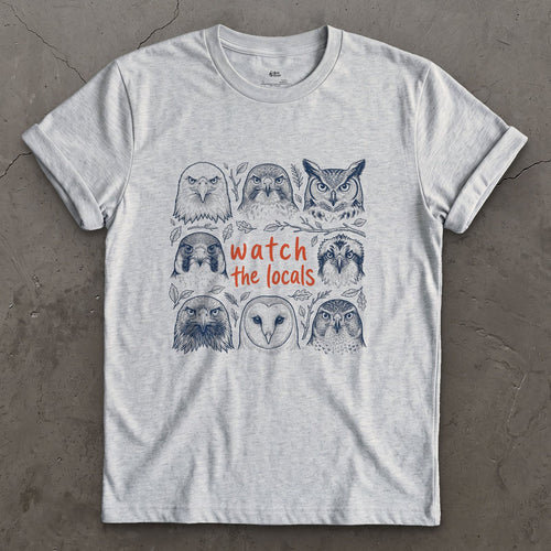 Watch the Locals, Owl and Raptor Grid design on a Sport Grey Gildan Softstyle t-shirt