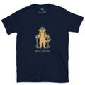 First Through Every Trail Crossing, Labrador design on a Navy Gildan Softstyle t-shirt