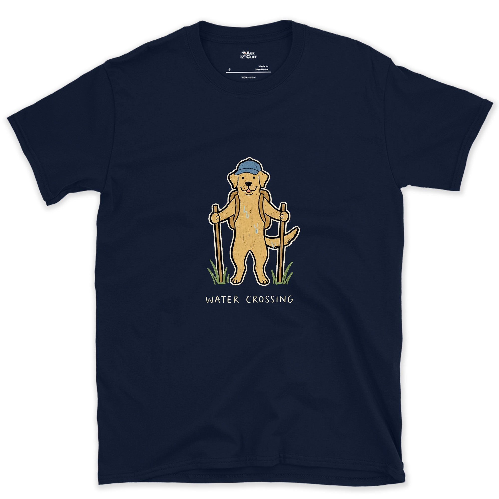 First Through Every Trail Crossing, Labrador design on a Navy Gildan Softstyle t-shirt