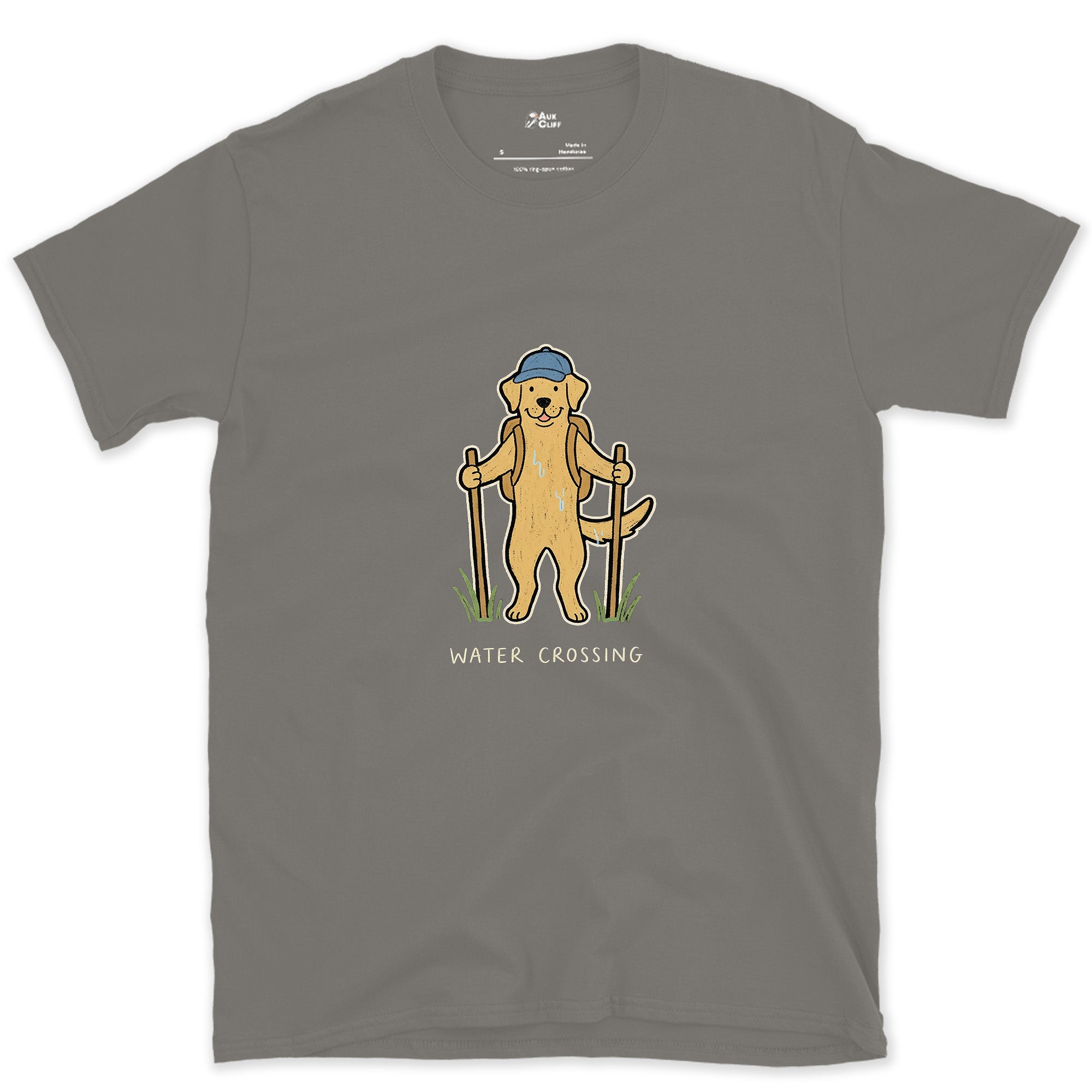 First Through Every Trail Crossing, Labrador design on a Charcoal Gildan Softstyle t-shirt
