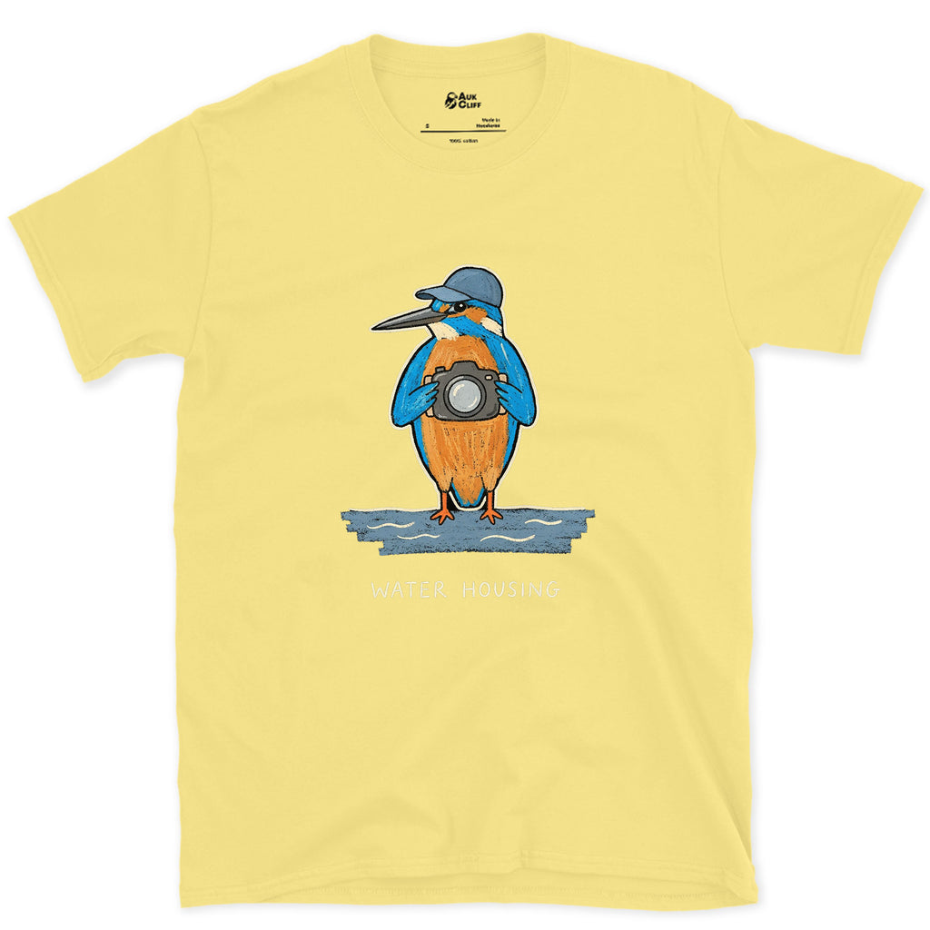 Lives for the Dive, Kingfisher With a Camera design on a Cornsilk Gildan Softstyle t-shirt