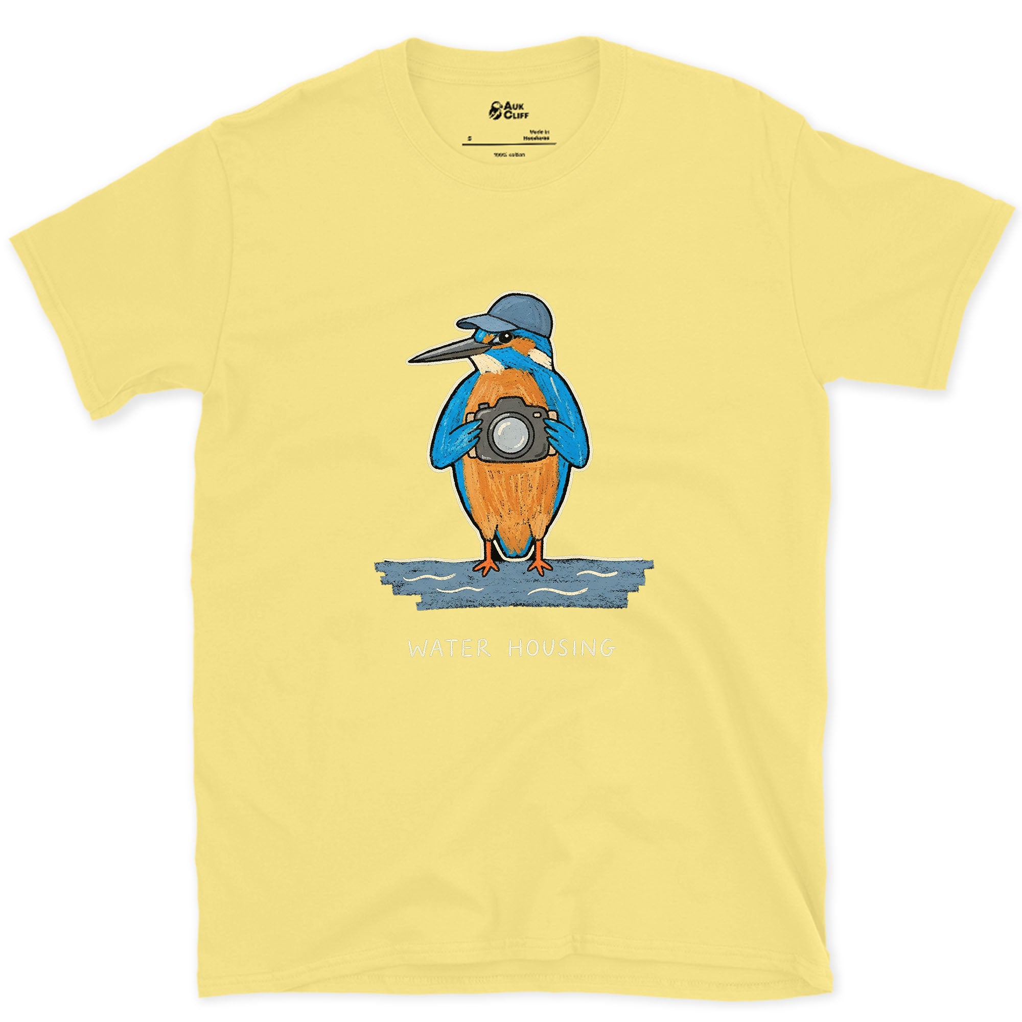 Lives for the Dive, Kingfisher With a Camera design on a Cornsilk Gildan Softstyle t-shirt